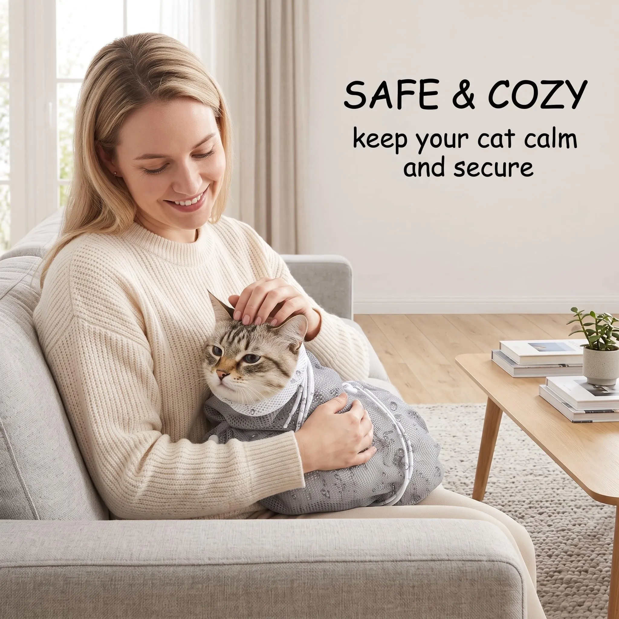 LAPQOS Accessori per la cura delle unghie dei gatti,Sacchetto per il lavaggio dei gatti di terza generazione, con struttura in rete regolabile, traspirante, grigio e bianco. - immagine 2