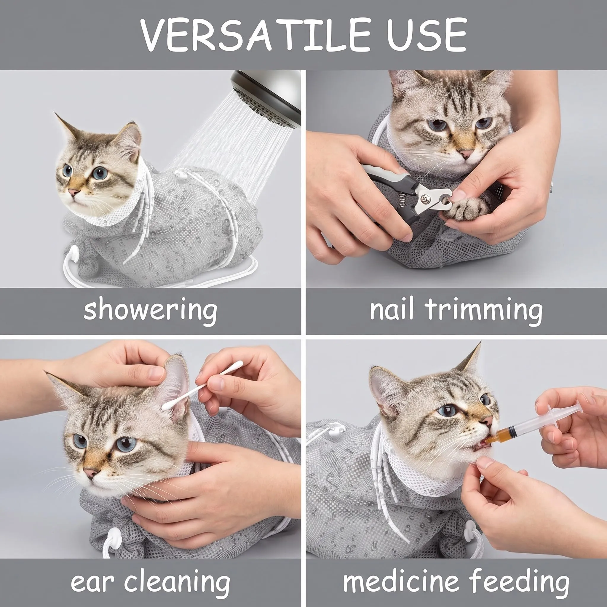 LAPQOS Accessori per la cura delle unghie dei gatti,Sacchetto per il lavaggio dei gatti di terza generazione, con struttura in rete regolabile, traspirante, grigio e bianco. - immagine 4