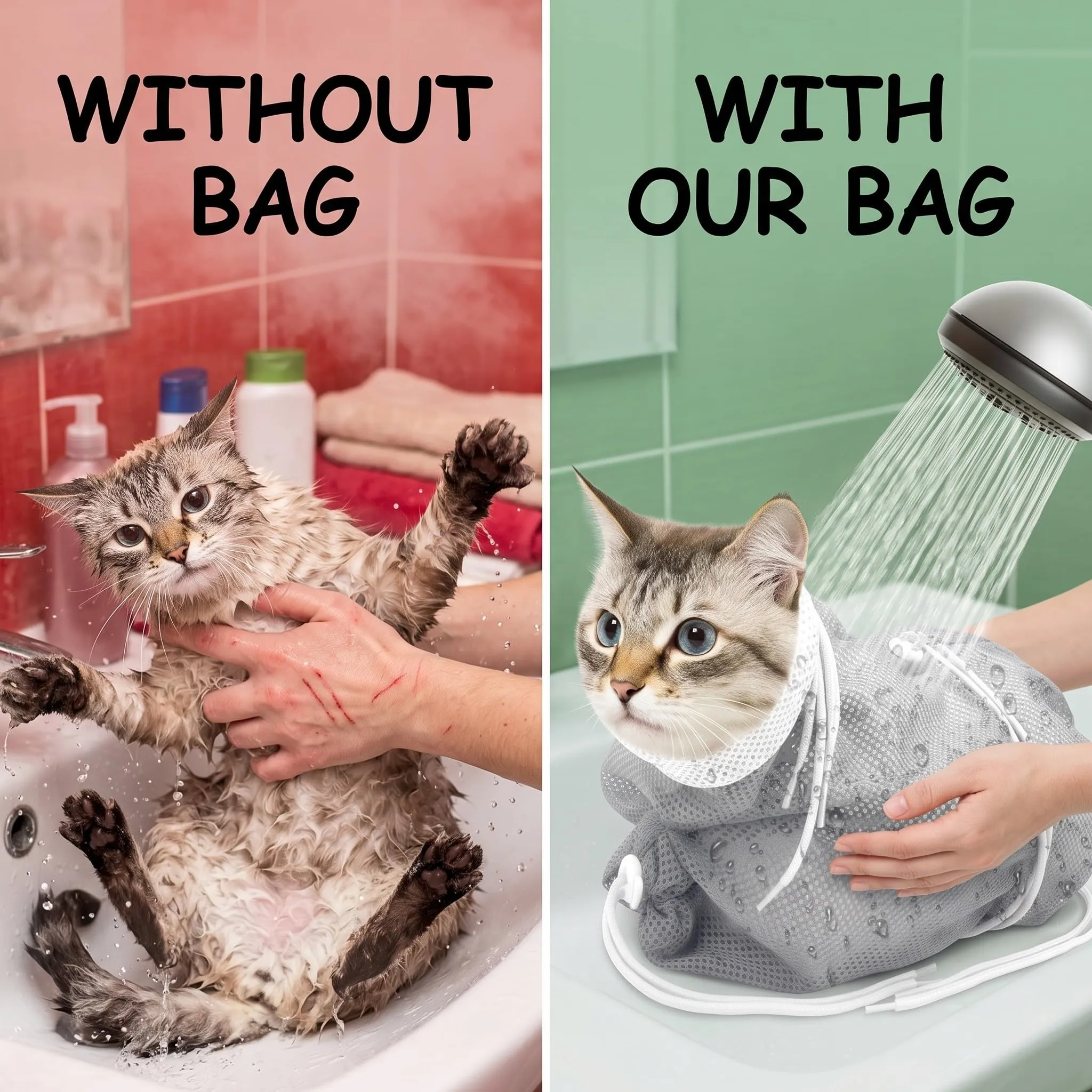 LAPQOS Accessori per la cura delle unghie dei gatti,Sacchetto per il lavaggio dei gatti di terza generazione, con struttura in rete regolabile, traspirante, grigio e bianco. - immagine 5