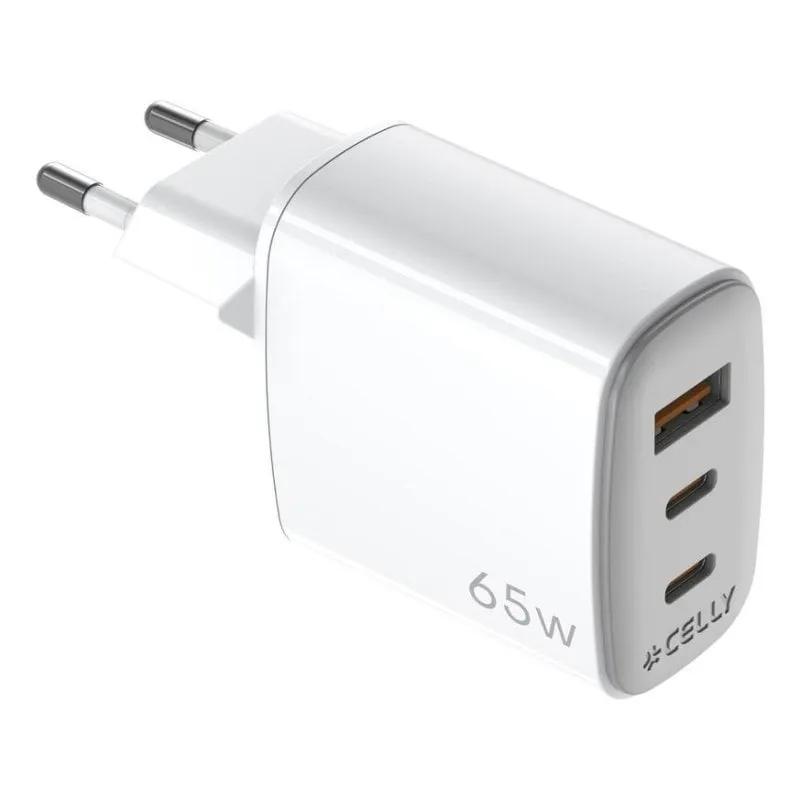 Caricatore da parete Celly UPTC 65W 2 porte USB-C e 1 USB-A GaN Bianco - immagine 1