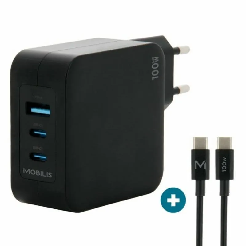 Caricatore 100W Mobilis 2USB-C 1USB-A GaN Nero - immagine 1