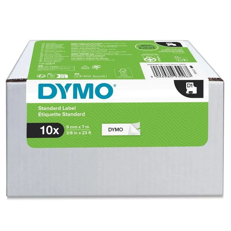 Etichette DYMO D1 9mm x 7m Bianco su Nero 10 Unità - immagine 1