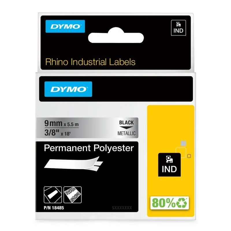 Nastro per stampanti etichette Dymo Rhino 9 mm x 5,5 m Poliestere Permanente Nero su Metallico - immagine 1