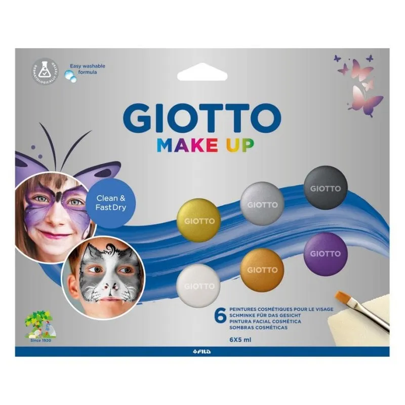 Pitture per Viso e Corpo GIOTTO F476500 Metallizzate 6 Unità con Pennello e Spugna - immagine 1