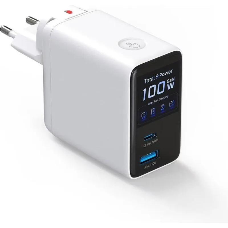Caricatore GaN 4smarts 100W Flex Screen AI Bianco 3 Porte USB-A e USB-C - immagine 1