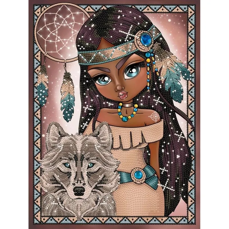 Kit Diamond Dotz Ragazza Indiana con Lupo Adulto Multicolore Intermedio 400x300 mm - immagine 1