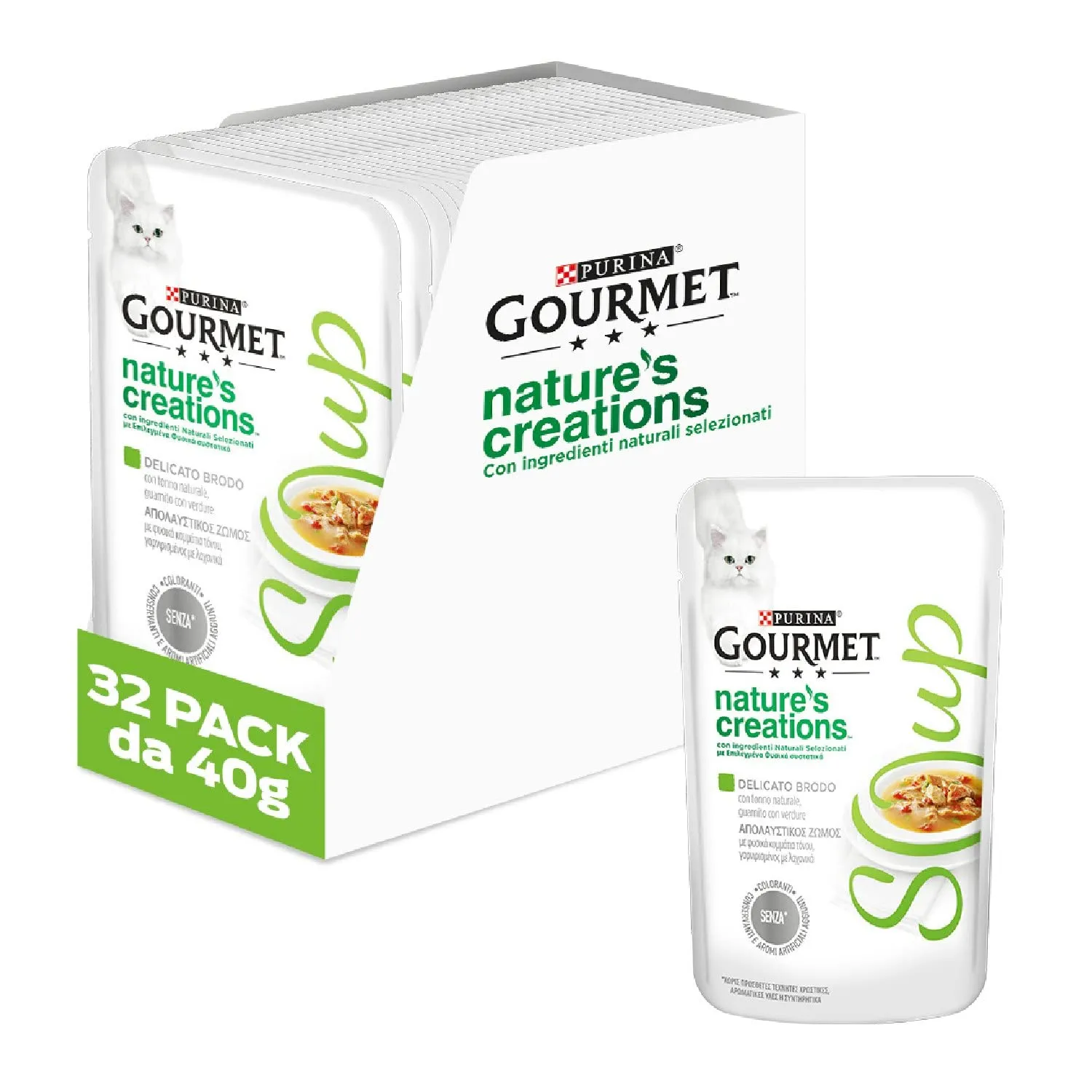 GOURMET Nature's Creations Soup Cibo Umido per Gatti Adulti con Tonno Naturale e Verdure 32 Buste da 40g - immagine 1