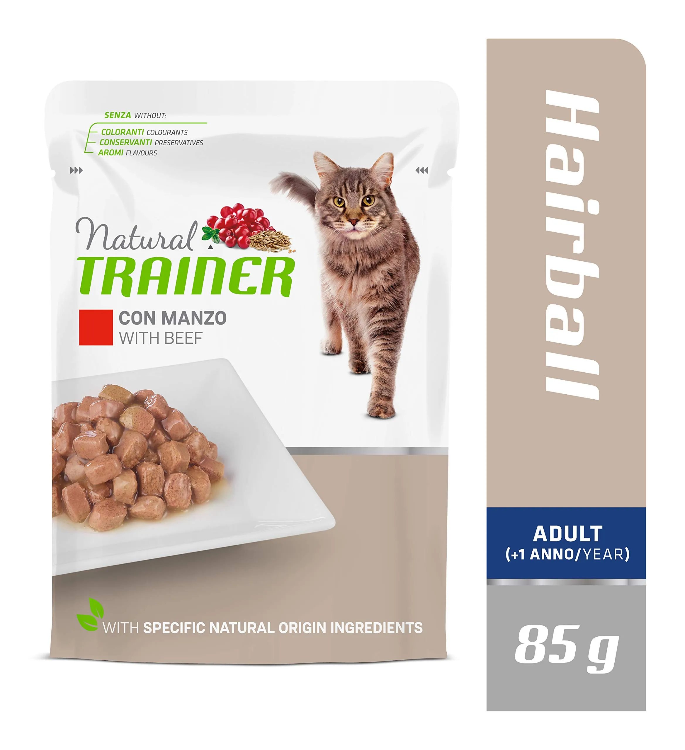 Natural Trainer Hairball Adult Cibo Umido per Gatti con Manzo e Mix di Fibre 12 buste x 85 g - 1020 gr - immagine 2