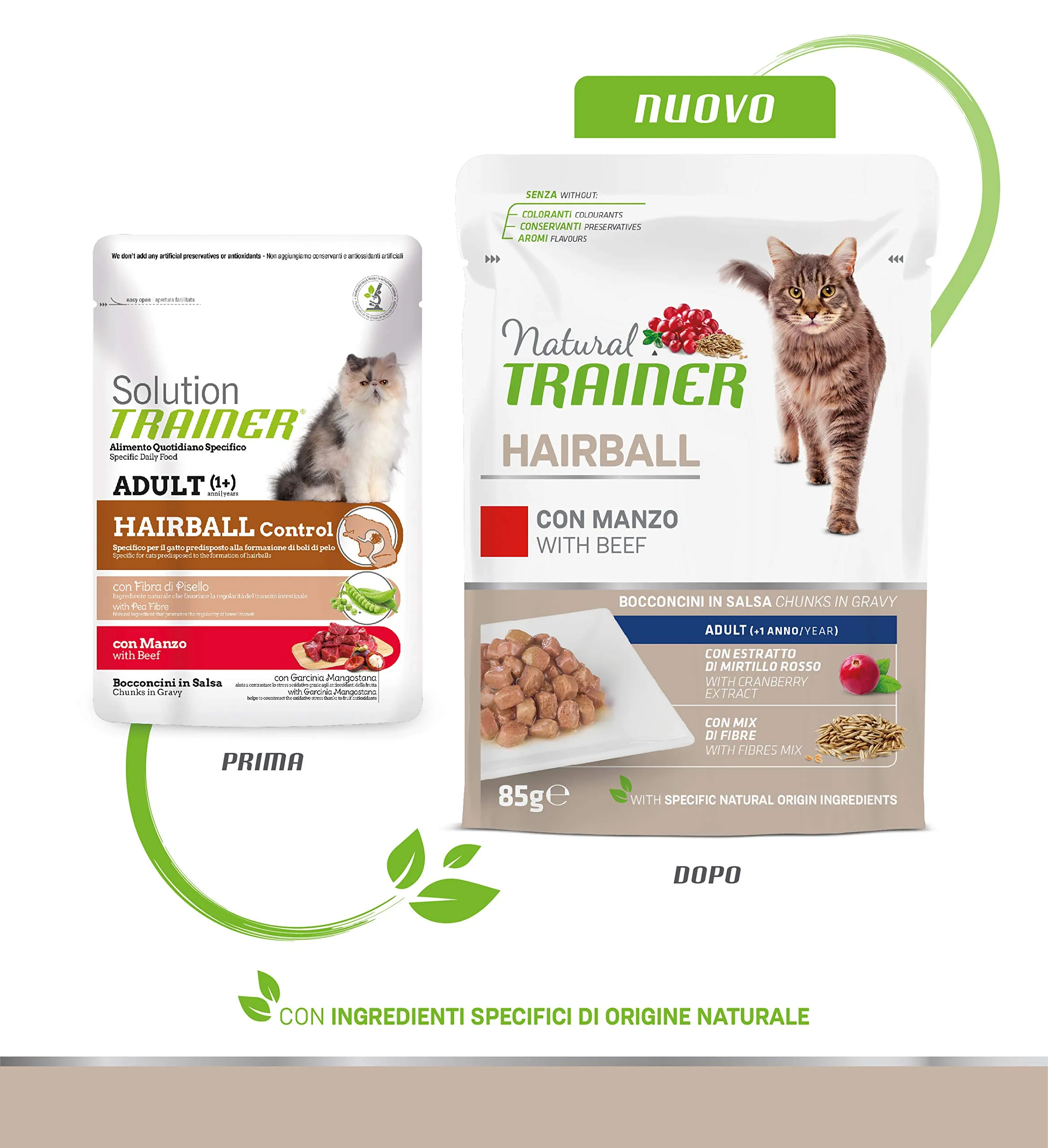 Natural Trainer Hairball Adult Cibo Umido per Gatti con Manzo e Mix di Fibre 12 buste x 85 g - 1020 gr - immagine 3