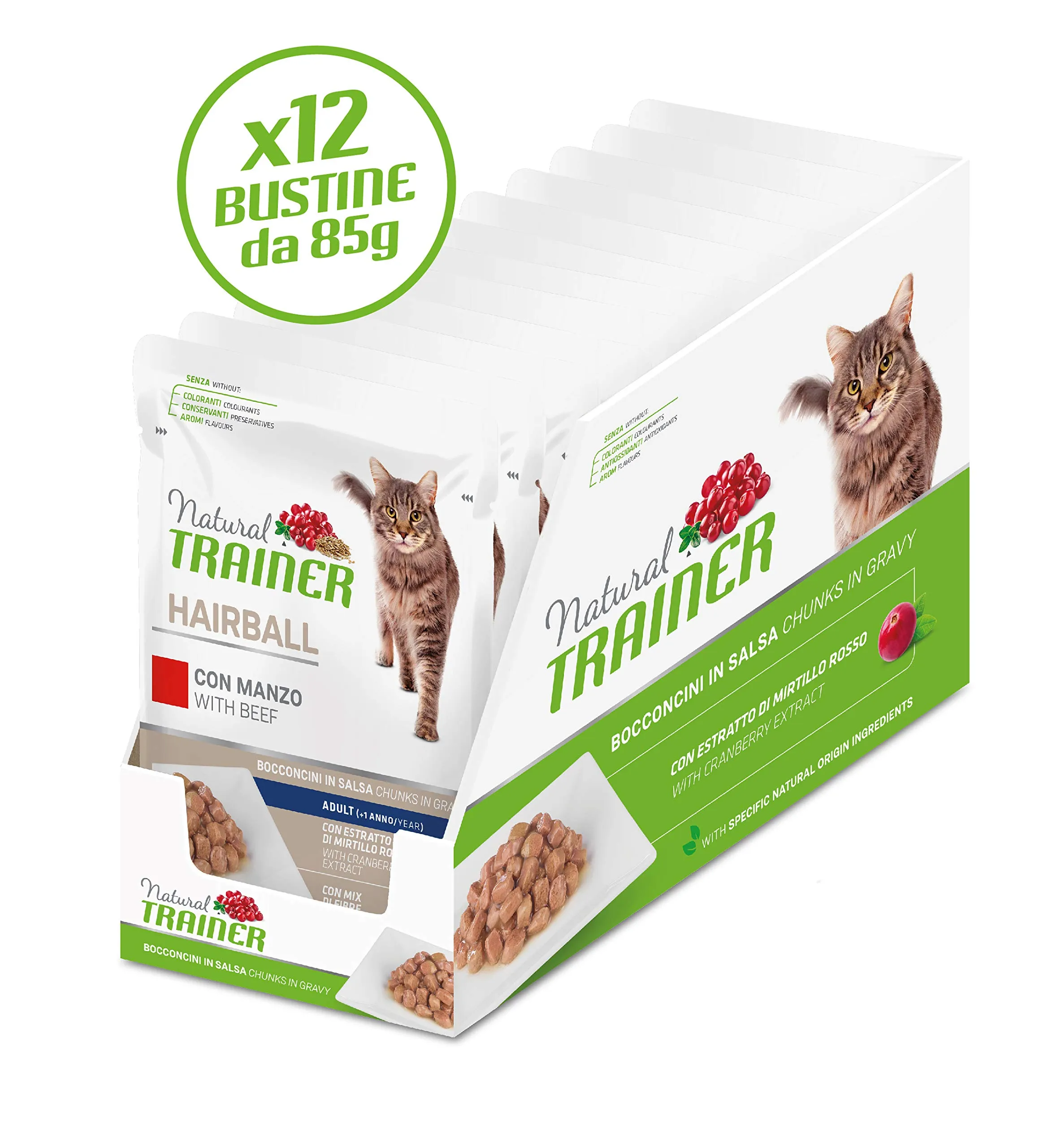 Natural Trainer Hairball Adult Cibo Umido per Gatti con Manzo e Mix di Fibre 12 buste x 85 g - 1020 gr - immagine 5