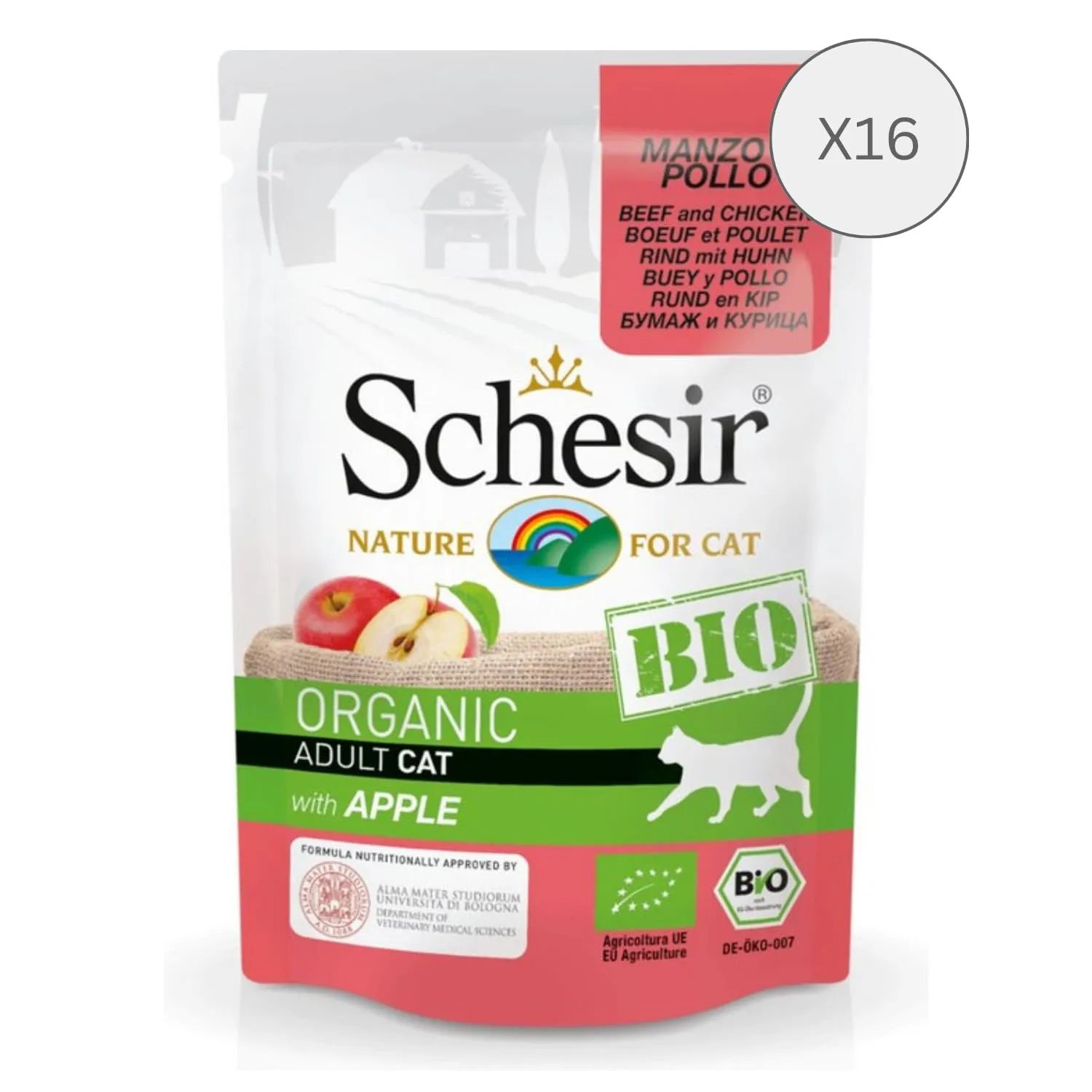 Schesir BIO, Alimento Umido Completo per Gatti, Patè di Manzo e Pollo con Mela, Senza Cereali, in Busta, Gluten Free, 16 x 85 g - immagine 2