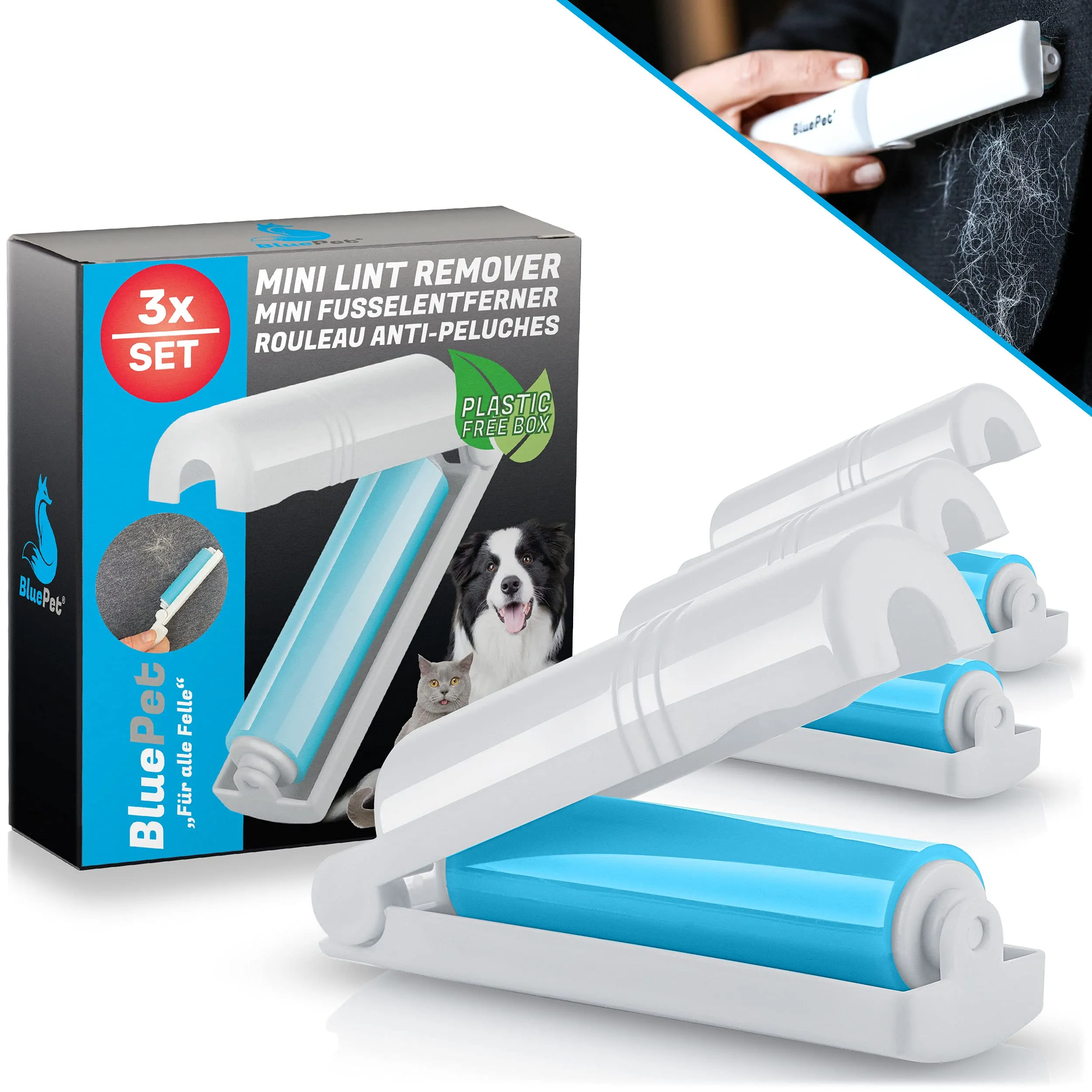 BluePet 3x Rullo Peli Animali Cani Gatti, Rimuovi Pelucchi Riutilizzabile - immagine 1