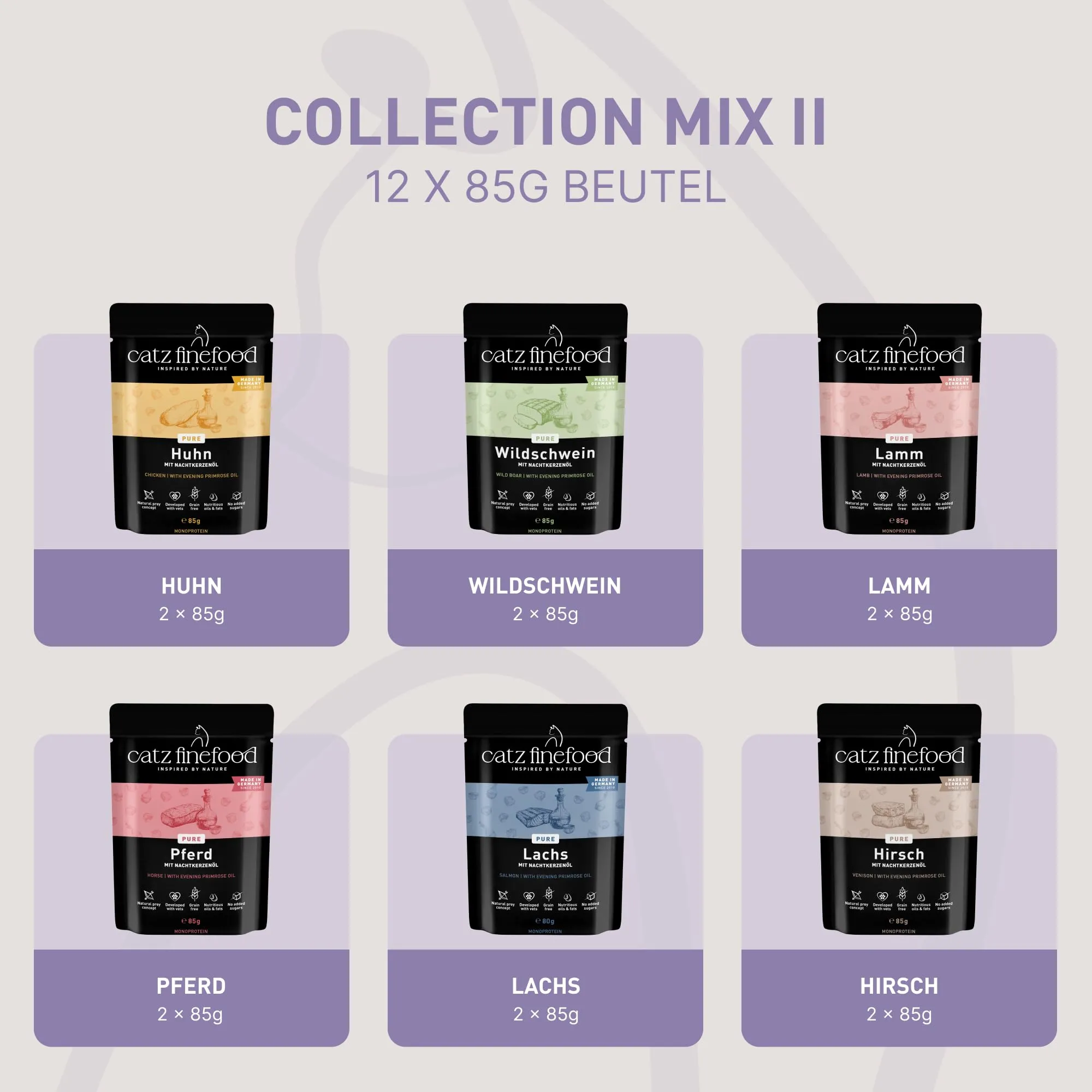 catz finefood Purrrr Collection II – Cibo monoproteico per gatti bagnato, senza cereali, senza zucchero, ipoallergenico, alto contenuto di carne, confezione multipla di cibo umido per gatti, in - immagine 3