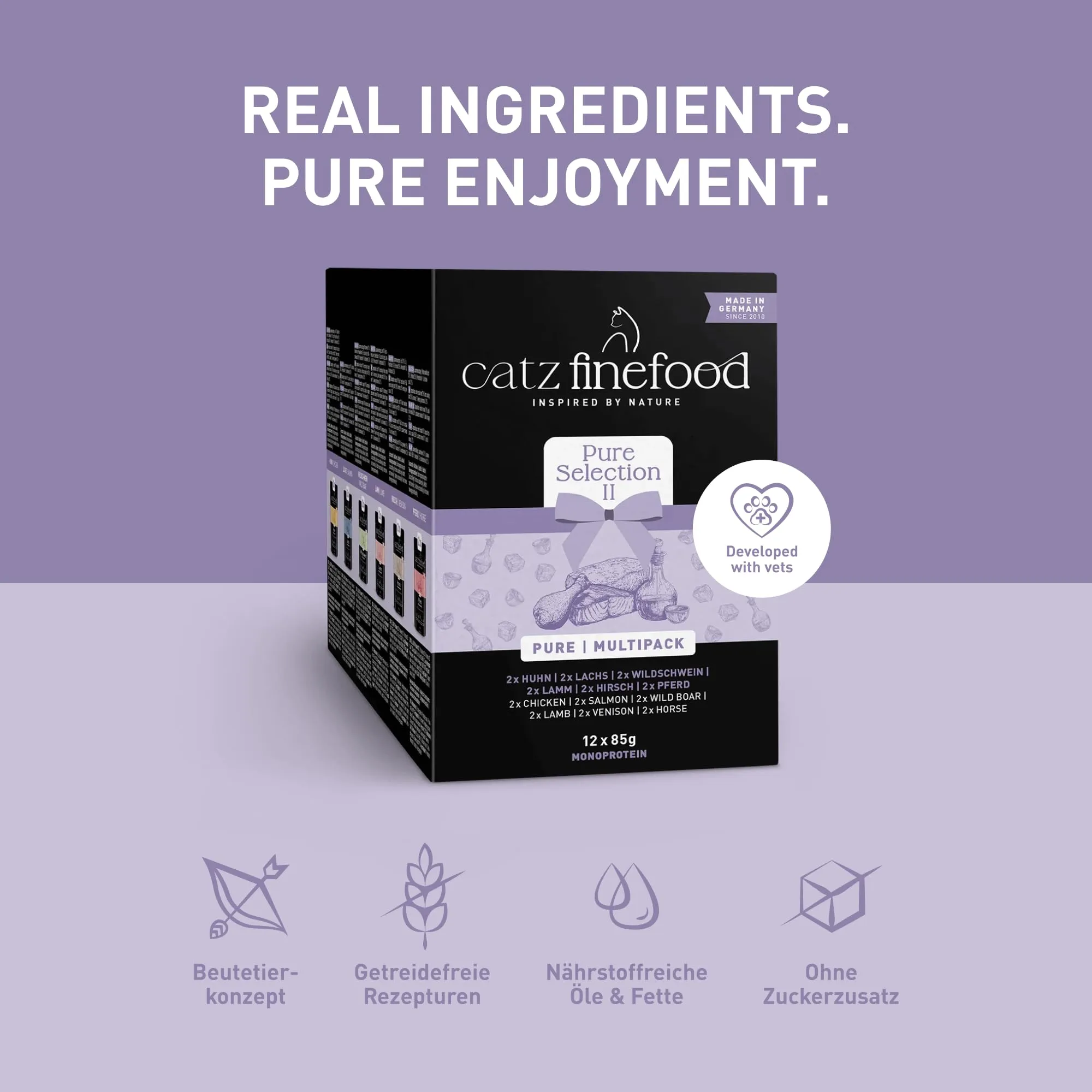 catz finefood Purrrr Collection II – Cibo monoproteico per gatti bagnato, senza cereali, senza zucchero, ipoallergenico, alto contenuto di carne, confezione multipla di cibo umido per gatti, in - immagine 4