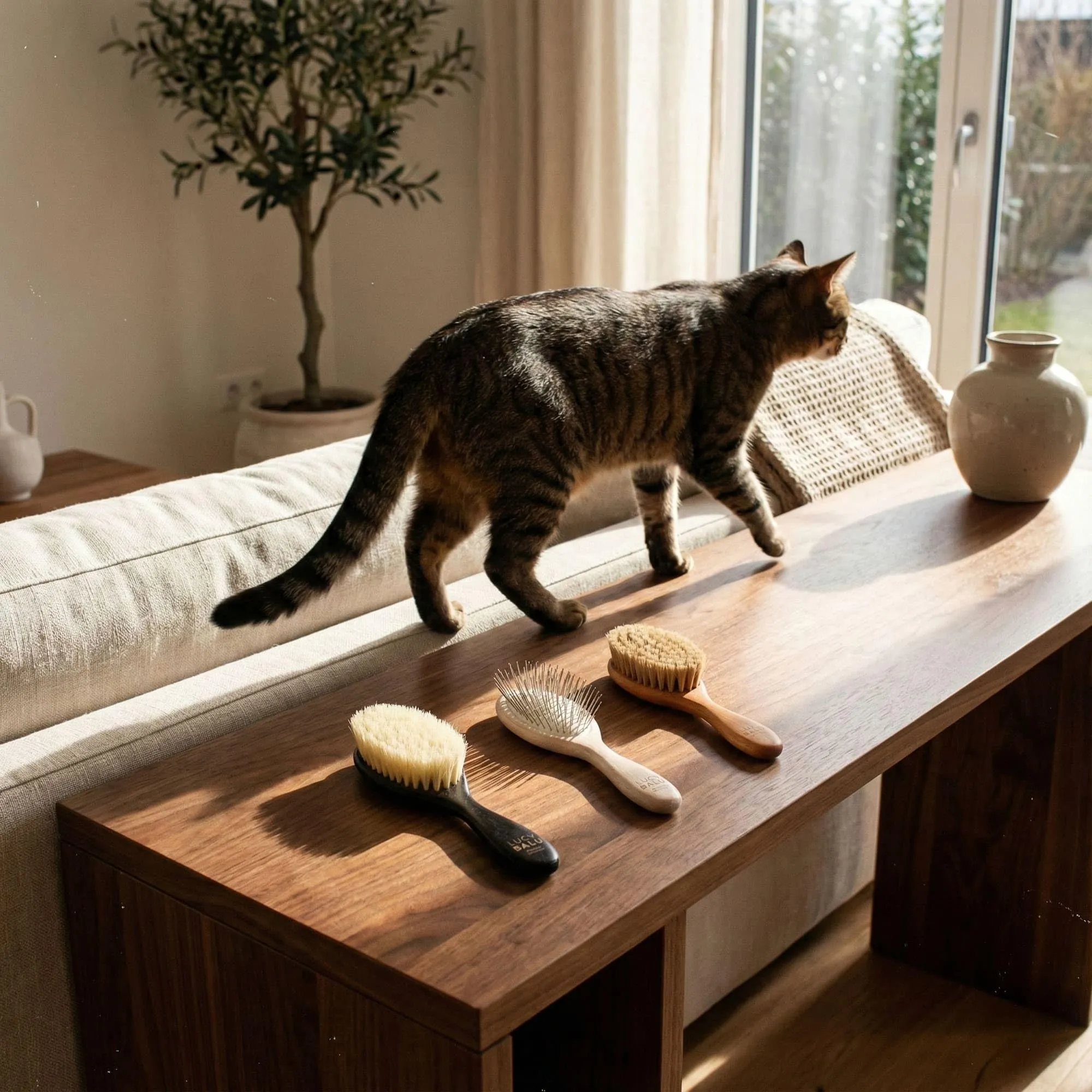 LucyBalu® Figaro Spazzola per gatti con setole naturali e legno I Naturale - immagine 9