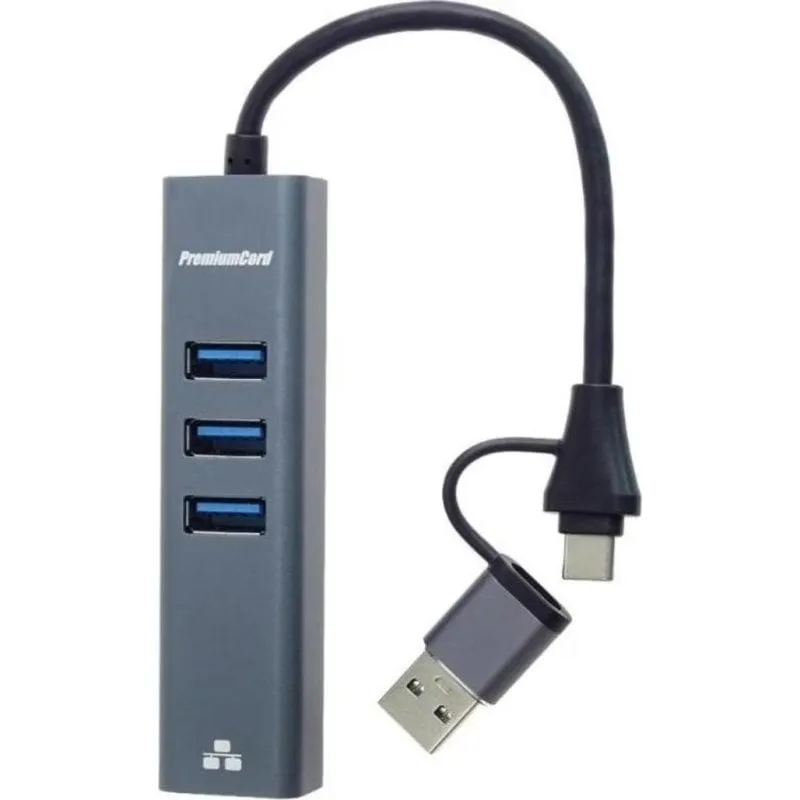 Hub USB PremiumCord con Ethernet Gigabit 3 Porte USB-A e USB-C - immagine 1