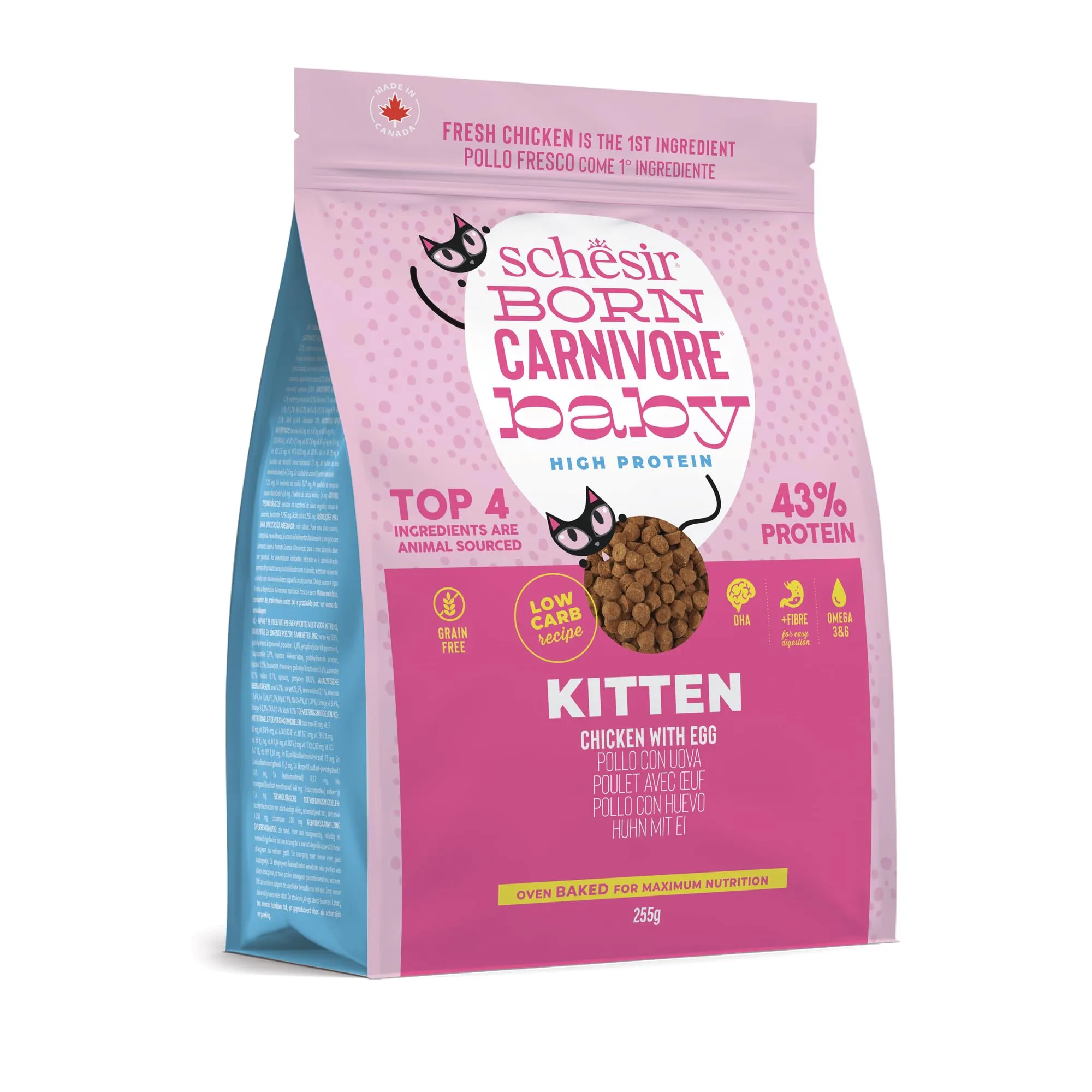 Schesir Born Carnivore Baby, Alimento Secco Completo Per Cuccioli di Gatto, Pollo con Uovo, Alto Contenuto Proteico, Cotto in Forno, Grain Free, 255 g - immagine 2