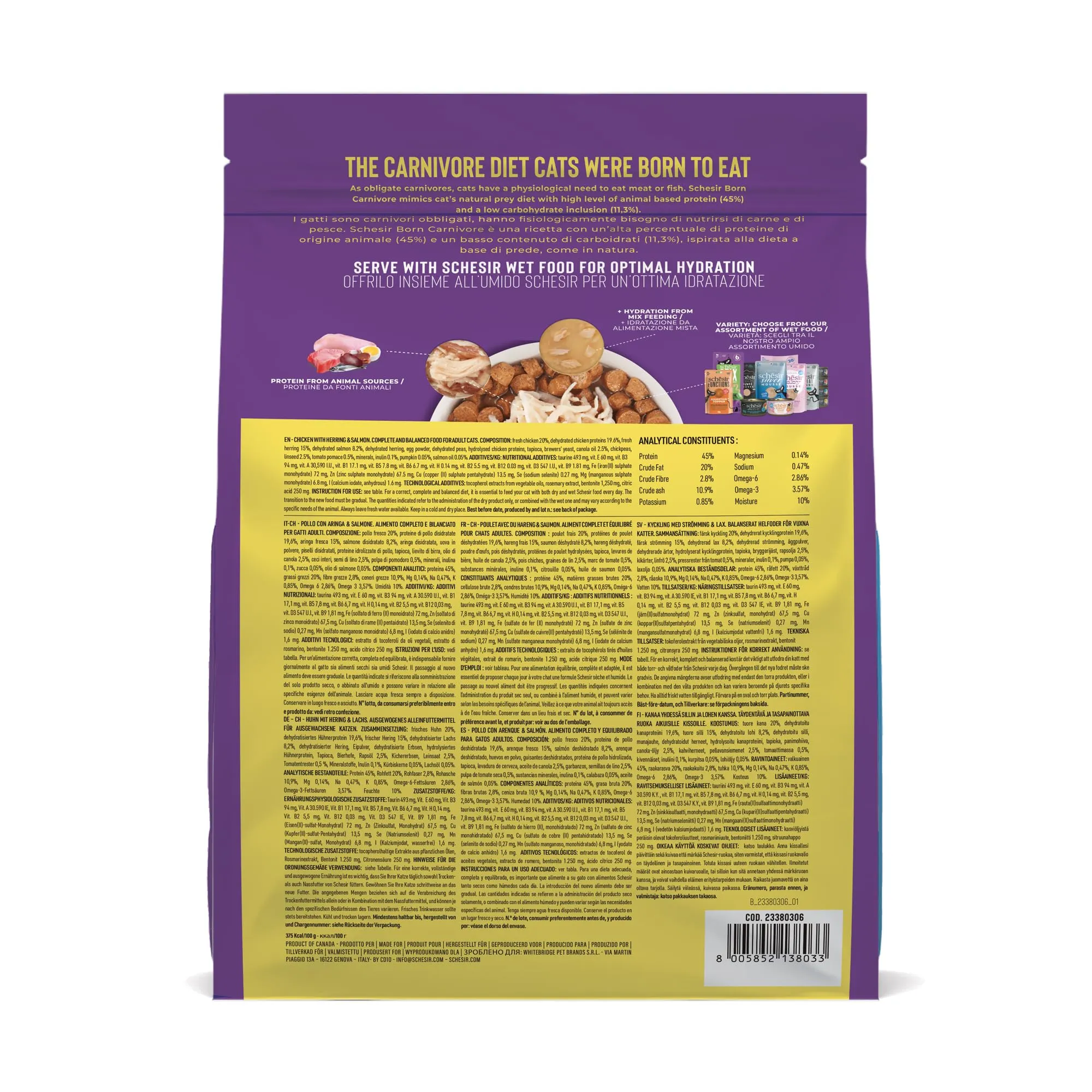 Schesir Born Carnivore, al gusto Pollo e Aringa, Crocchette per gatti adulti Cotte al forno (Sacco da 255g) - immagine 3