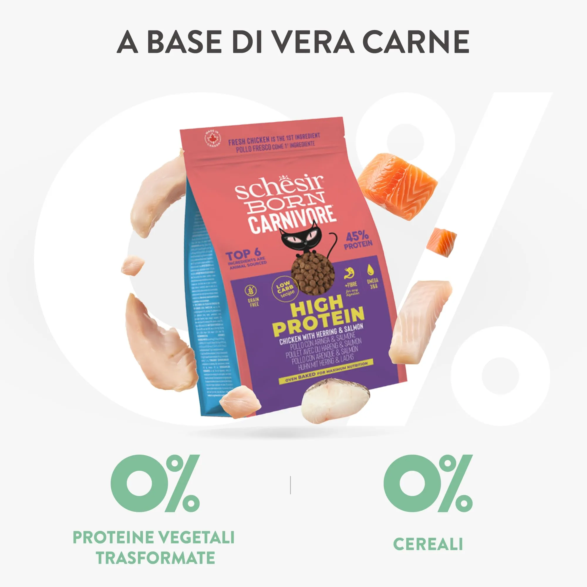 Schesir Born Carnivore, al gusto Pollo e Aringa, Crocchette per gatti adulti Cotte al forno (Sacco da 255g) - immagine 6