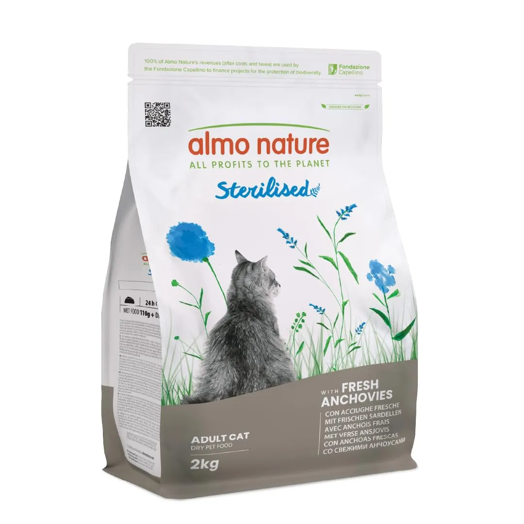 Almo Nature Sterilised - Crocchette Gatto Sterilizzato con Acciughe Fresche - A Basso Contenuto di Magnesio e con Fibre per il Controllo del Peso - Sacco da 2kg - immagine 1