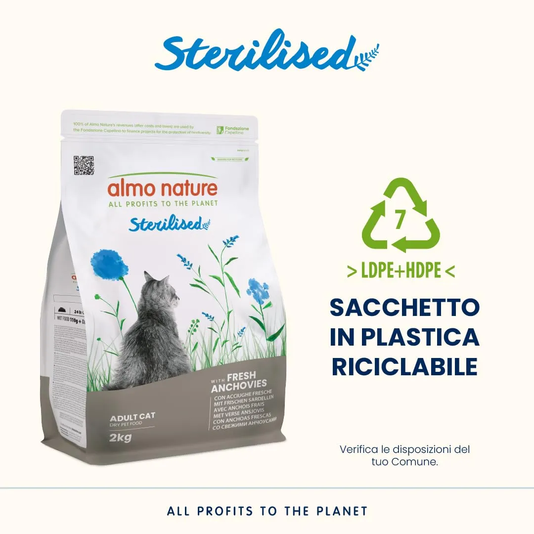 Almo Nature Sterilised - Crocchette Gatto Sterilizzato con Acciughe Fresche - A Basso Contenuto di Magnesio e con Fibre per il Controllo del Peso - Sacco da 2kg - immagine 4