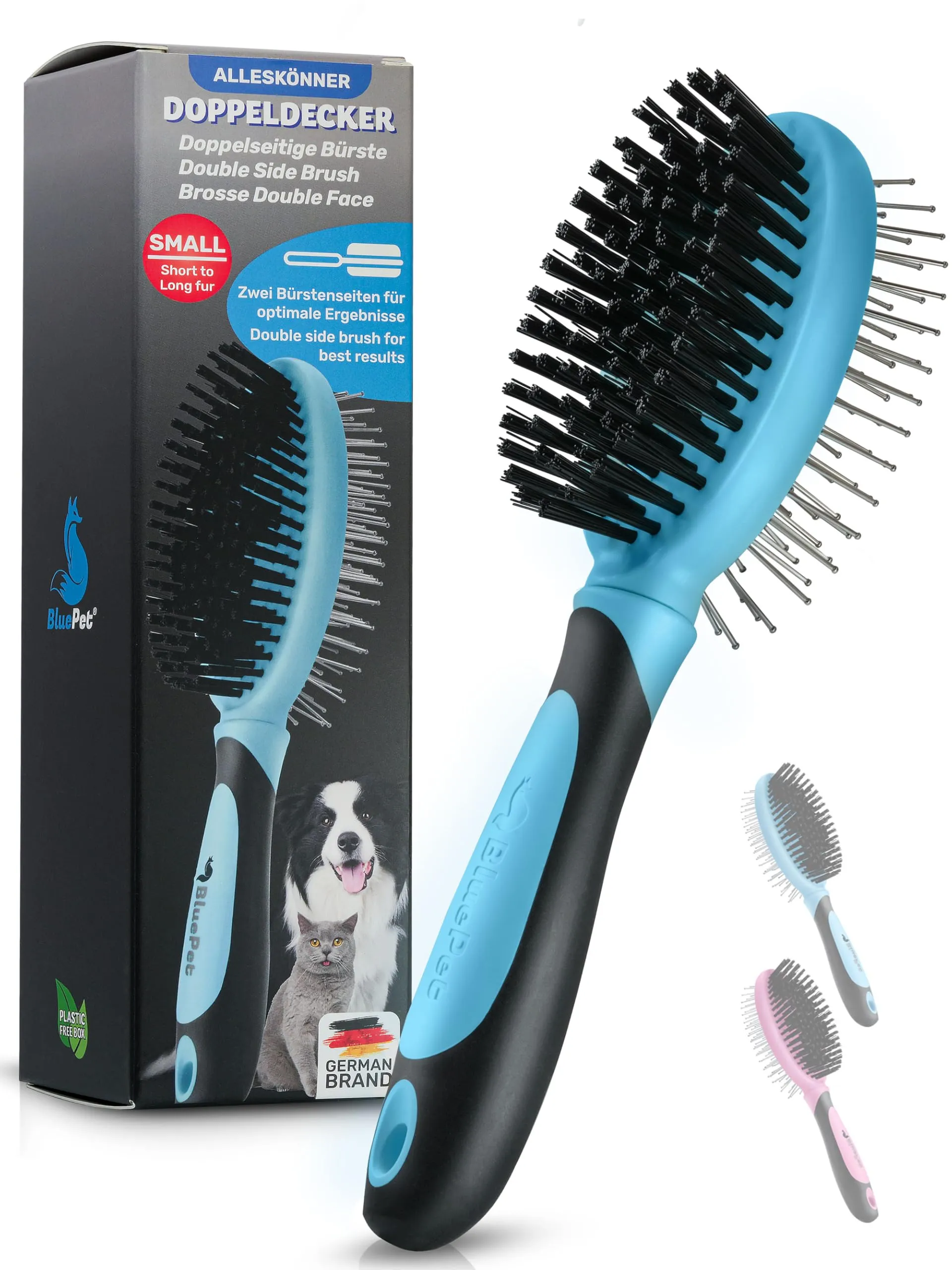 BluePet Spazzola per cani 2 in 1 per capelli lunghi e corti, anche per cuccioli e gatti, lisciare, districare, spazzolare, spazzola per setole multiuso (S-M Blu) - immagine 1