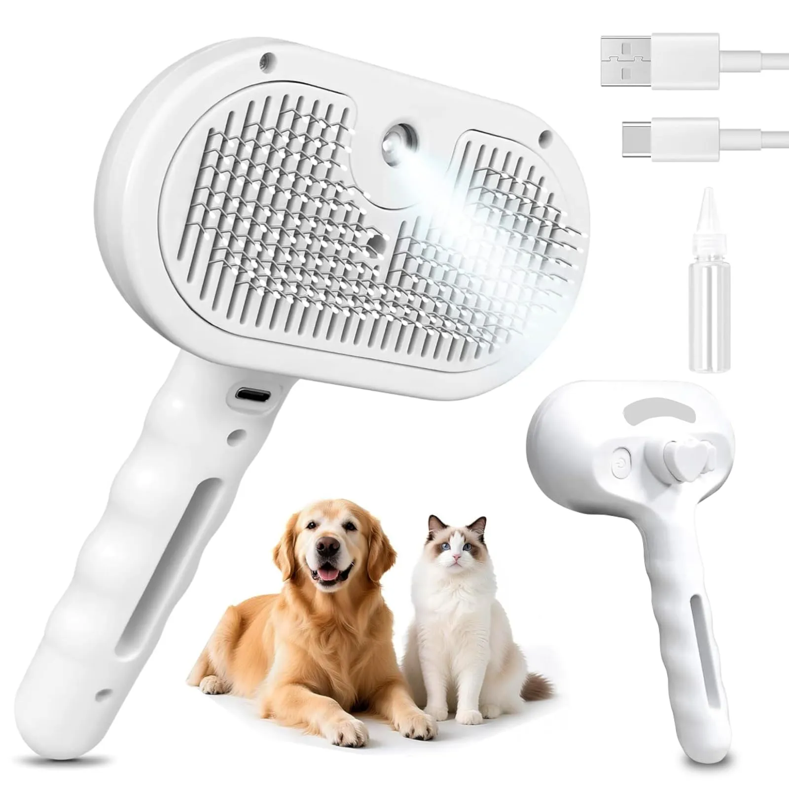 Spazzola a Vapore per Gatti, Spazzola Spray Multiuso per Cani e Gatti per la Perdita Del Pelo, Toelettatura Massaggiante, per Tutti Gli Animali a Pelo Lungo e Corto, Bianco - immagine 1