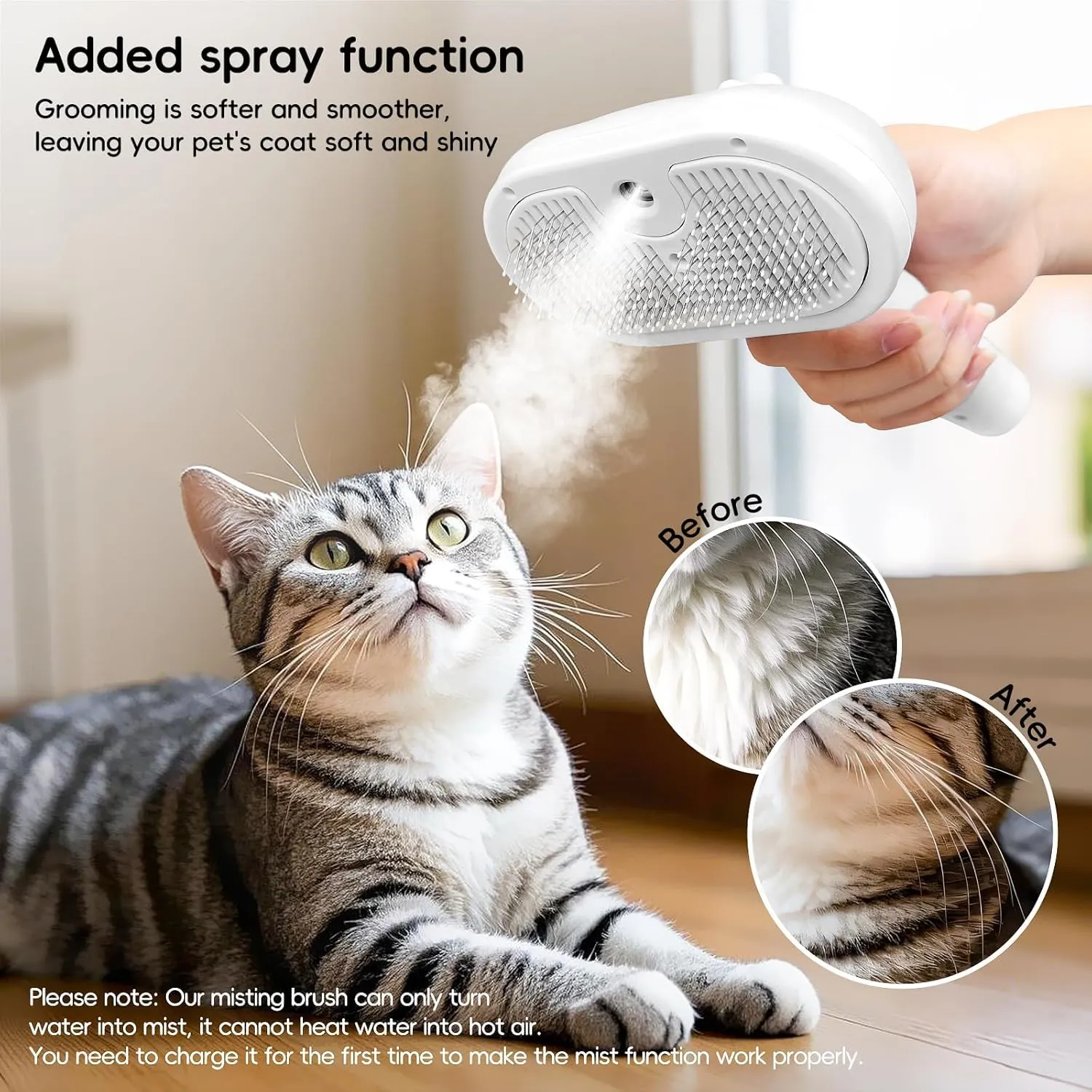 Spazzola a Vapore per Gatti, Spazzola Spray Multiuso per Cani e Gatti per la Perdita Del Pelo, Toelettatura Massaggiante, per Tutti Gli Animali a Pelo Lungo e Corto, Bianco - immagine 6