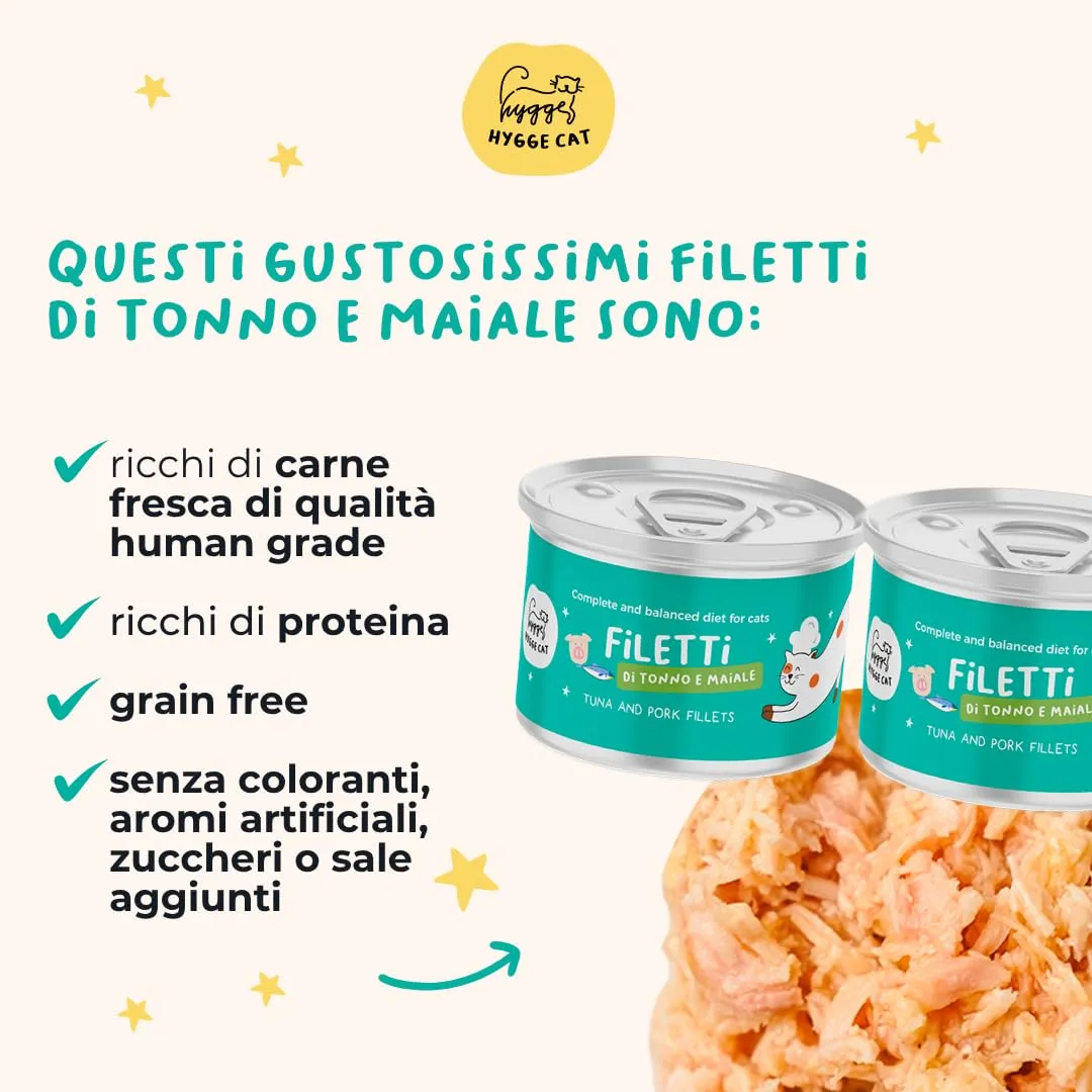 Hygge Cat Filetti di Tonno e Maiale 70% | Cibo Umido per Gatti Adulti Grain Free, Senza Cereali | Scatolette Gatto 36 x 70 g in Brodo | con Omega 3 e Taurina | Made in Italy - immagine 2