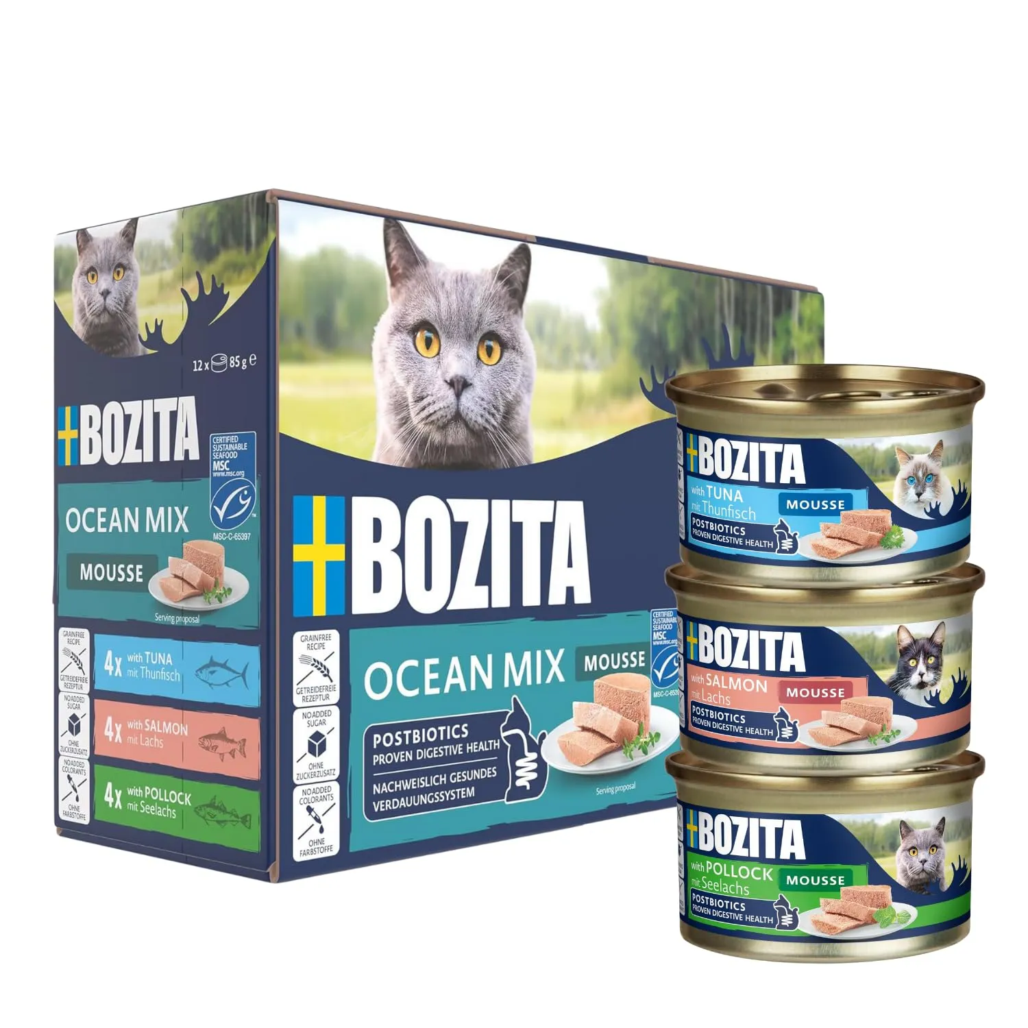 BOZITA Mousse Ocean Mix – Cibo umido per gatti gourmet in piccole dosi 12 x 85 g – con postbiotici per sostenere una flora intestinale sana con tonno, salmone e merluzzo carbonaro - immagine 1