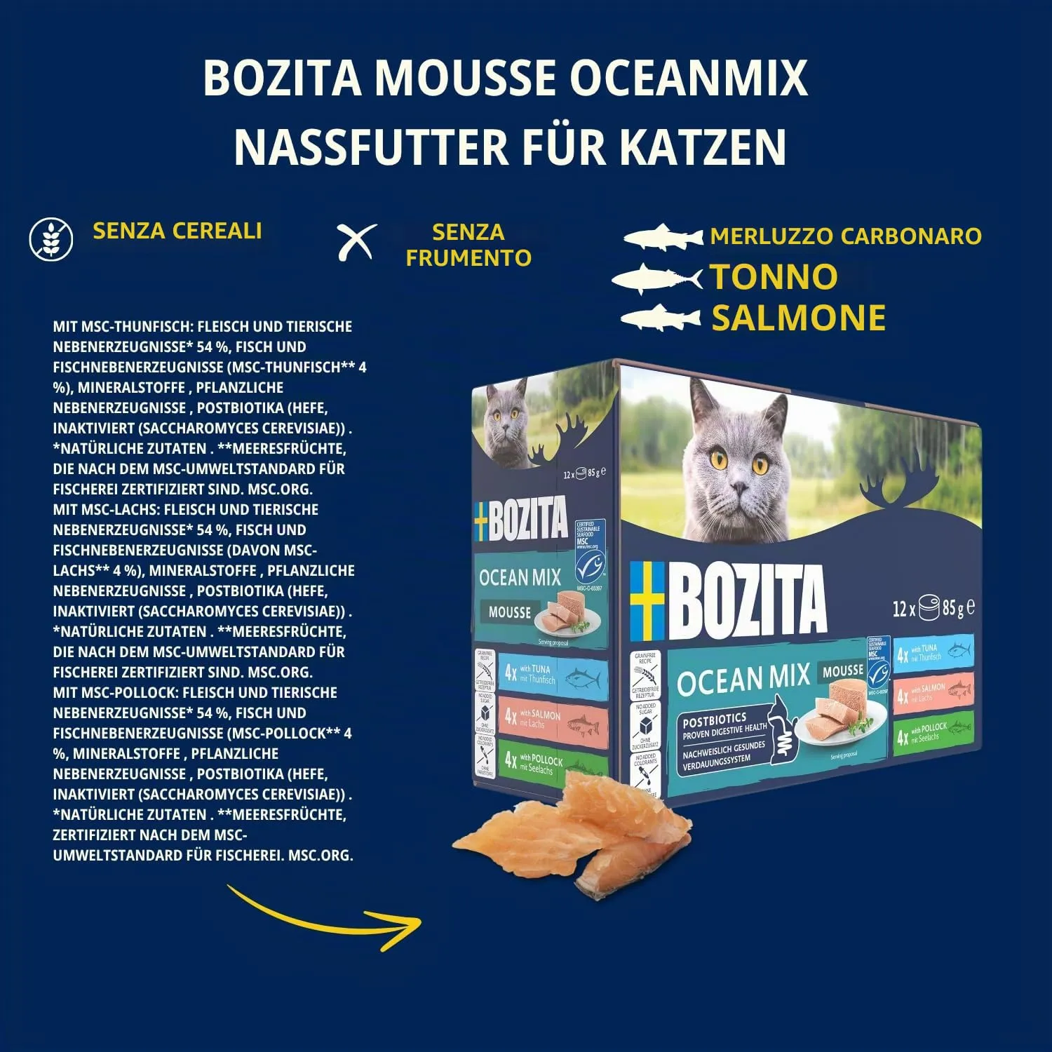 BOZITA Mousse Ocean Mix – Cibo umido per gatti gourmet in piccole dosi 12 x 85 g – con postbiotici per sostenere una flora intestinale sana con tonno, salmone e merluzzo carbonaro - immagine 3