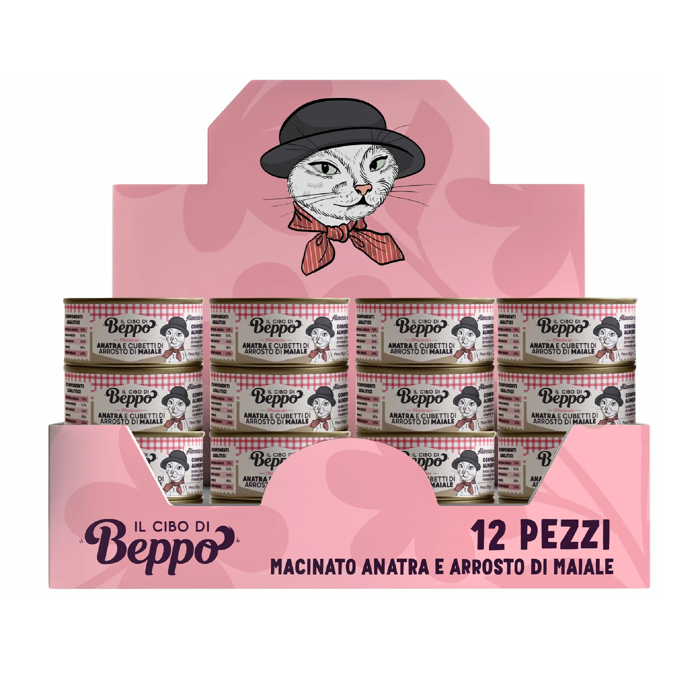 Il Cibo di Beppo Umido per Gatti Sterilizzati - 12 Lattine da 85g - Alimento Completo di Alta Qualità (12 lattine da 85g, all'Anatra con Cubetti di Maiale) - immagine 1