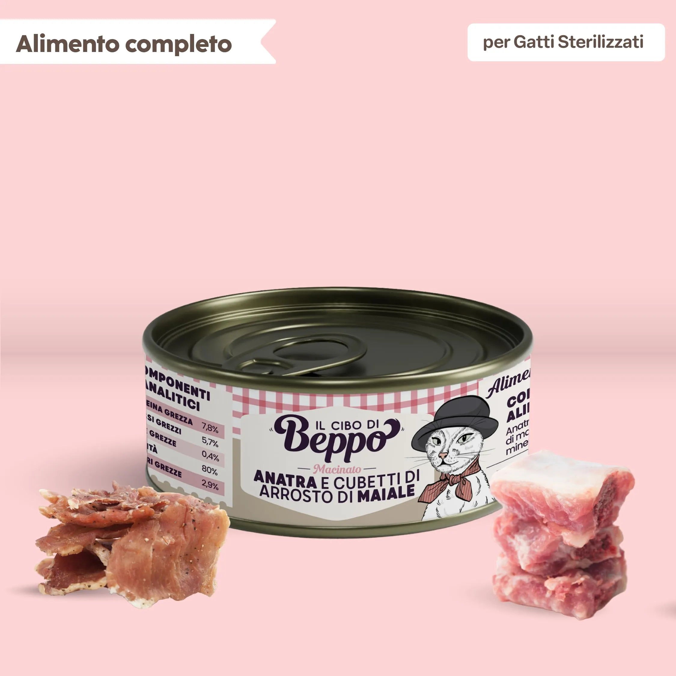 Il Cibo di Beppo Umido per Gatti Sterilizzati - 12 Lattine da 85g - Alimento Completo di Alta Qualità (12 lattine da 85g, all'Anatra con Cubetti di Maiale) - immagine 2