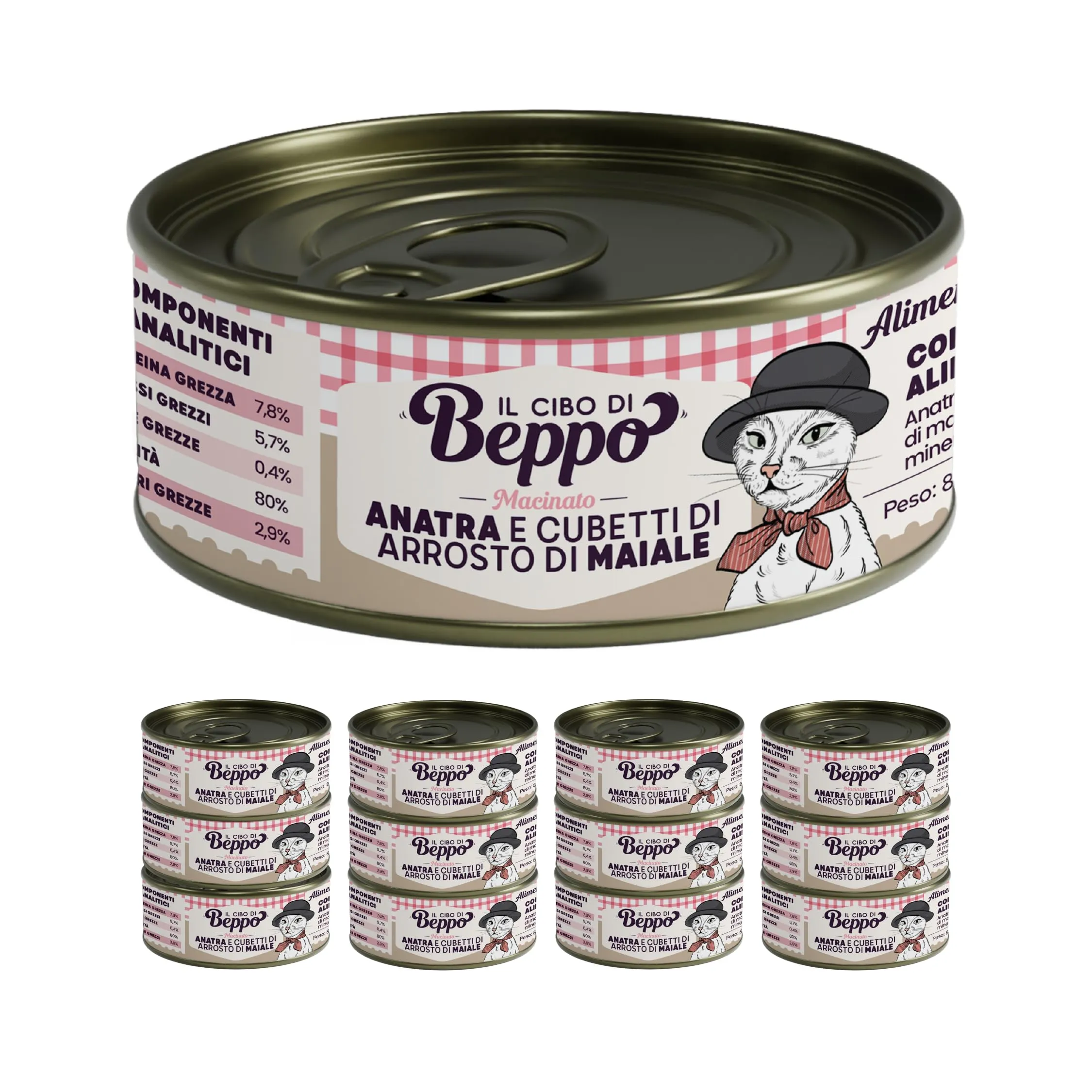 Il Cibo di Beppo Umido per Gatti Sterilizzati - 12 Lattine da 85g - Alimento Completo di Alta Qualità (12 lattine da 85g, all'Anatra con Cubetti di Maiale) - immagine 4