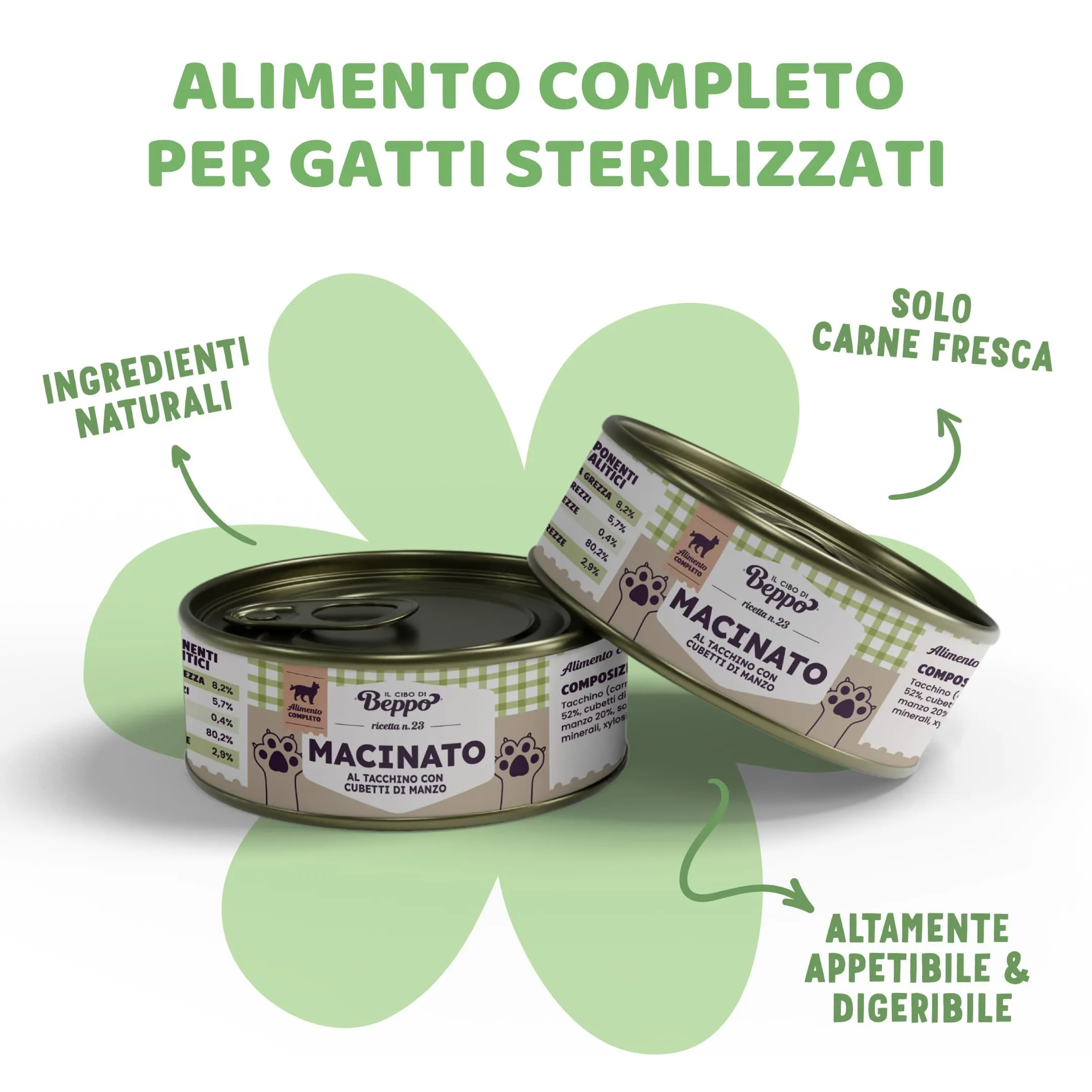 Il Cibo di Beppo Umido per Gatti Sterilizzati - 12 Lattine da 85g - Alimento Completo di Alta Qualità (12 lattine da 85g, all'Anatra con Cubetti di Maiale) - immagine 5