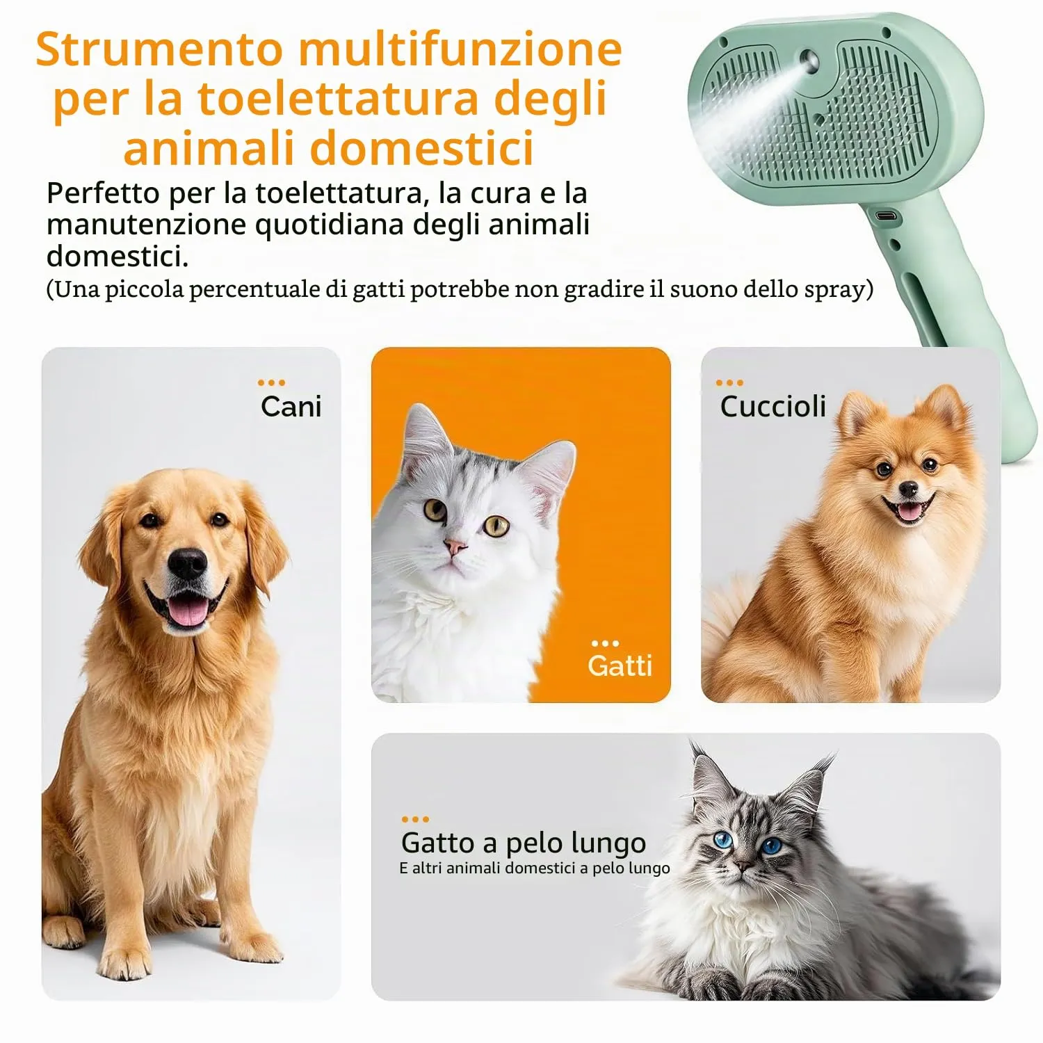 Spazzola a Vapore per Gatti, Spazzola Spray Multiuso per Cani e Gatti per la Perdita Del Pelo, Toelettatura Massaggiante, per Tutti Gli Animali a Pelo Lungo e Corto, Verde Chiaro - immagine 2