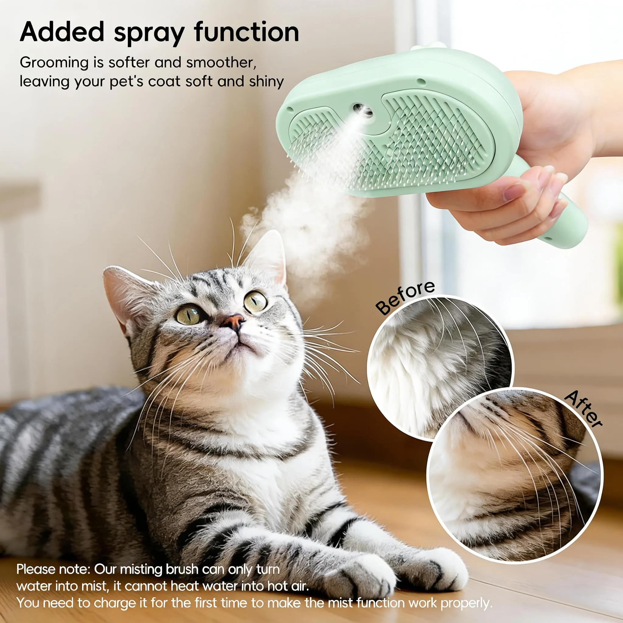 Spazzola a Vapore per Gatti, Spazzola Spray Multiuso per Cani e Gatti per la Perdita Del Pelo, Toelettatura Massaggiante, per Tutti Gli Animali a Pelo Lungo e Corto, Verde Chiaro - immagine 6