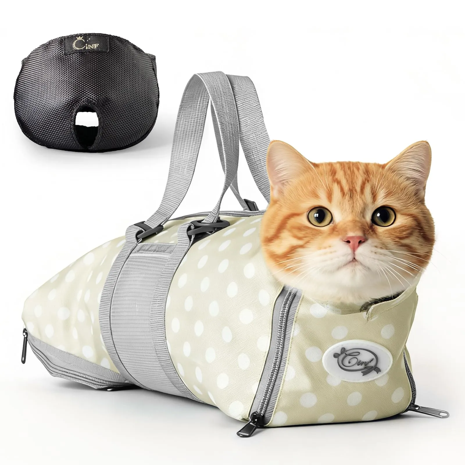 Cinf Borsa per la cura dei gatti, supporto delicato durante il bagno e la cura, versatile, per visite veterinarie, cura dentale, taglio artigli e viaggi in auto, taglia M, beige a pois - immagine 1