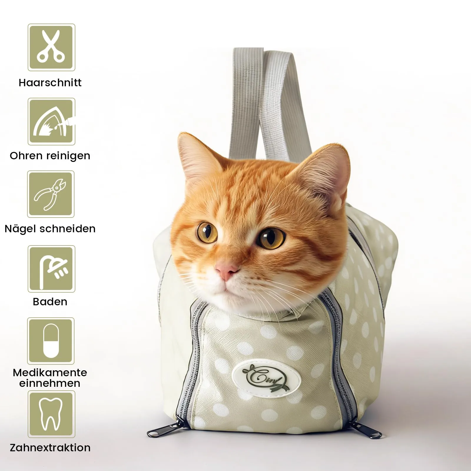 Cinf Borsa per la cura dei gatti, supporto delicato durante il bagno e la cura, versatile, per visite veterinarie, cura dentale, taglio artigli e viaggi in auto, taglia M, beige a pois - immagine 2