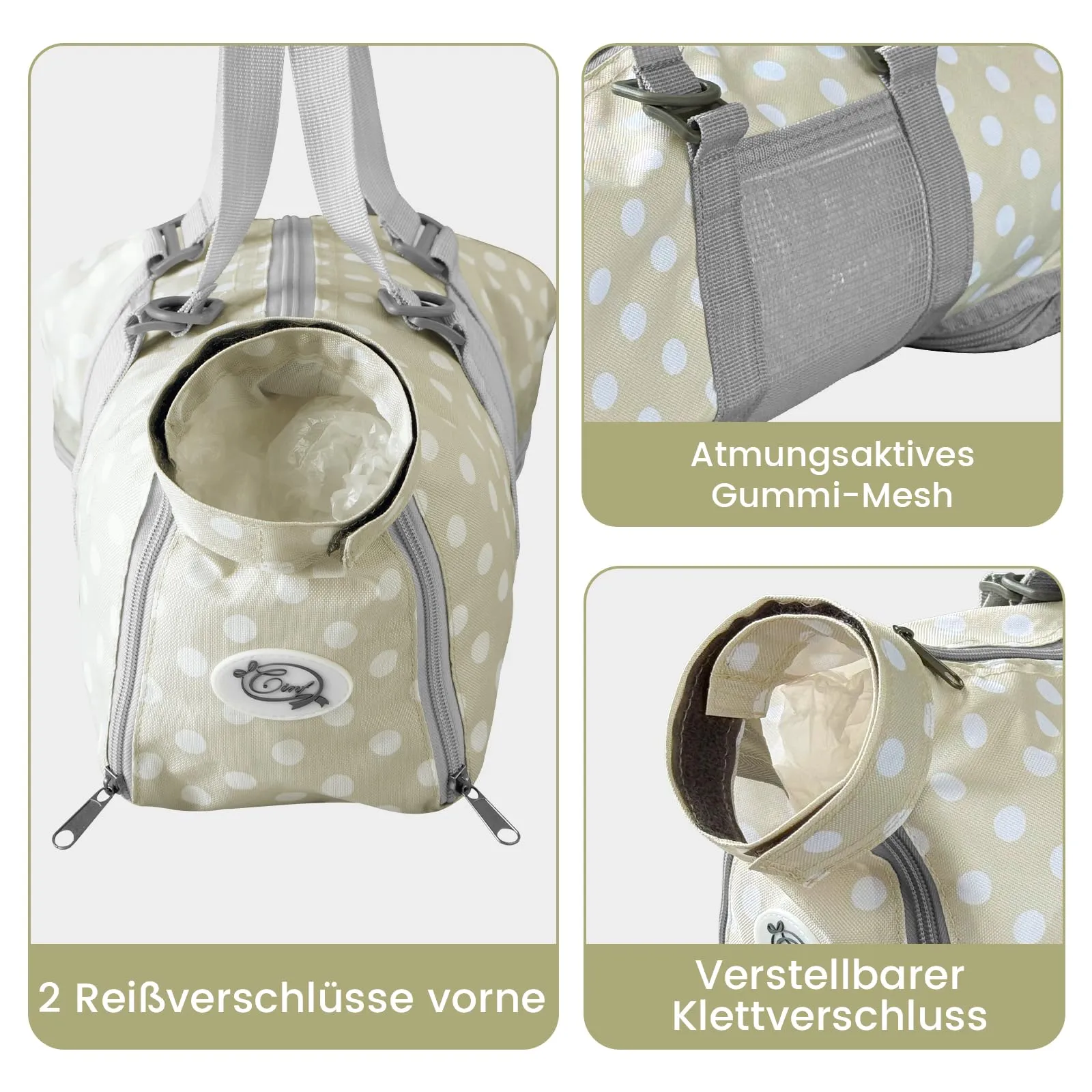 Cinf Borsa per la cura dei gatti, supporto delicato durante il bagno e la cura, versatile, per visite veterinarie, cura dentale, taglio artigli e viaggi in auto, taglia M, beige a pois - immagine 3