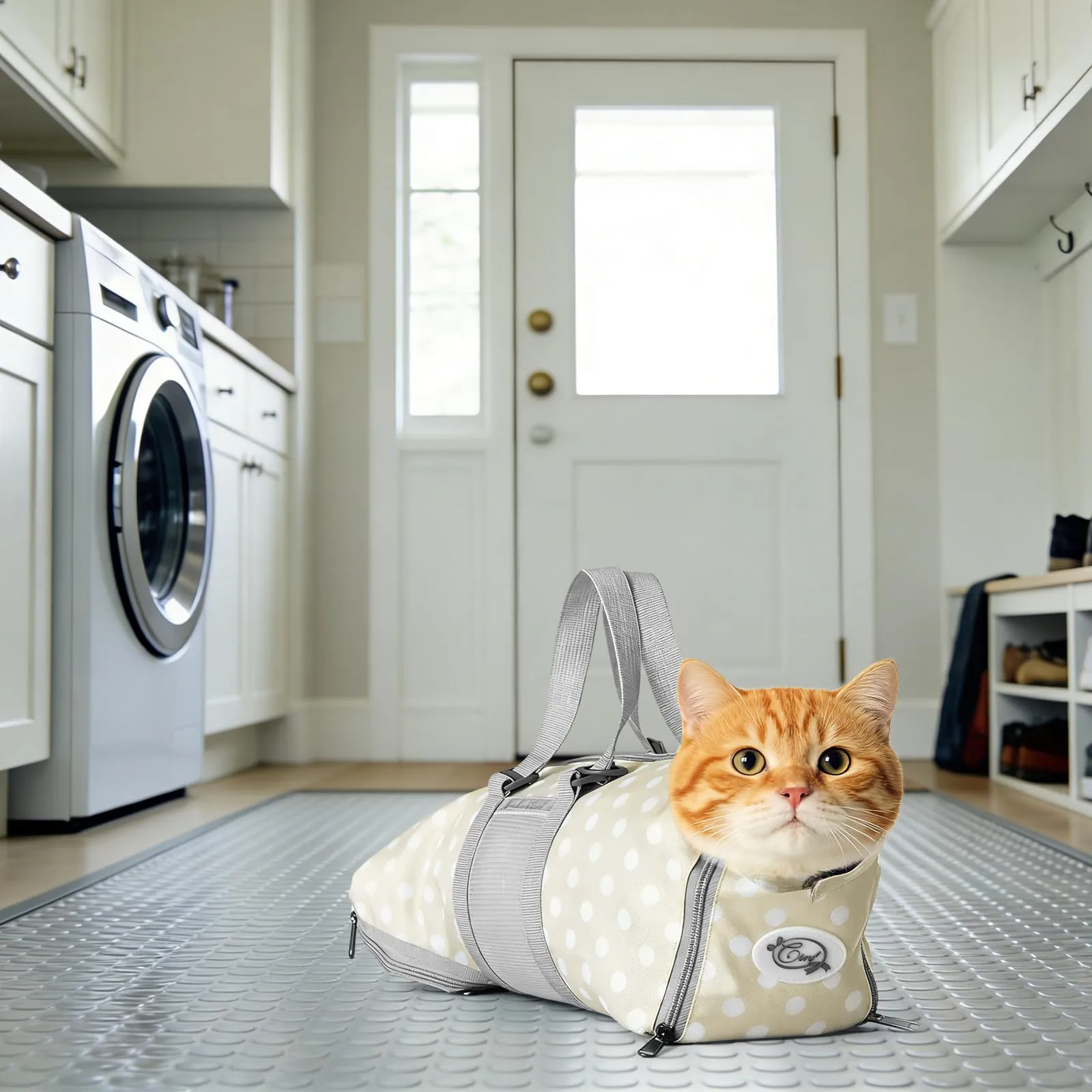 Cinf Borsa per la cura dei gatti, supporto delicato durante il bagno e la cura, versatile, per visite veterinarie, cura dentale, taglio artigli e viaggi in auto, taglia M, beige a pois - immagine 4