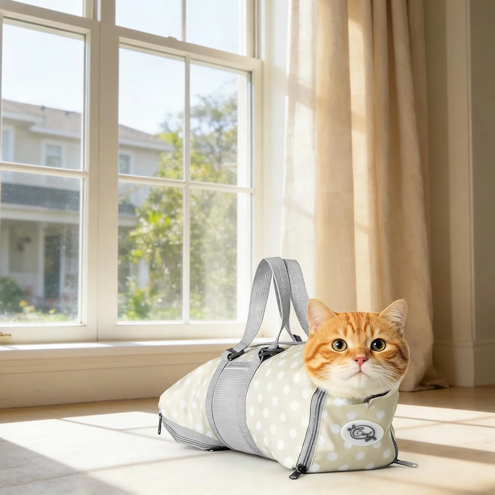 Cinf Borsa per la cura dei gatti, supporto delicato durante il bagno e la cura, versatile, per visite veterinarie, cura dentale, taglio artigli e viaggi in auto, taglia M, beige a pois - immagine 5