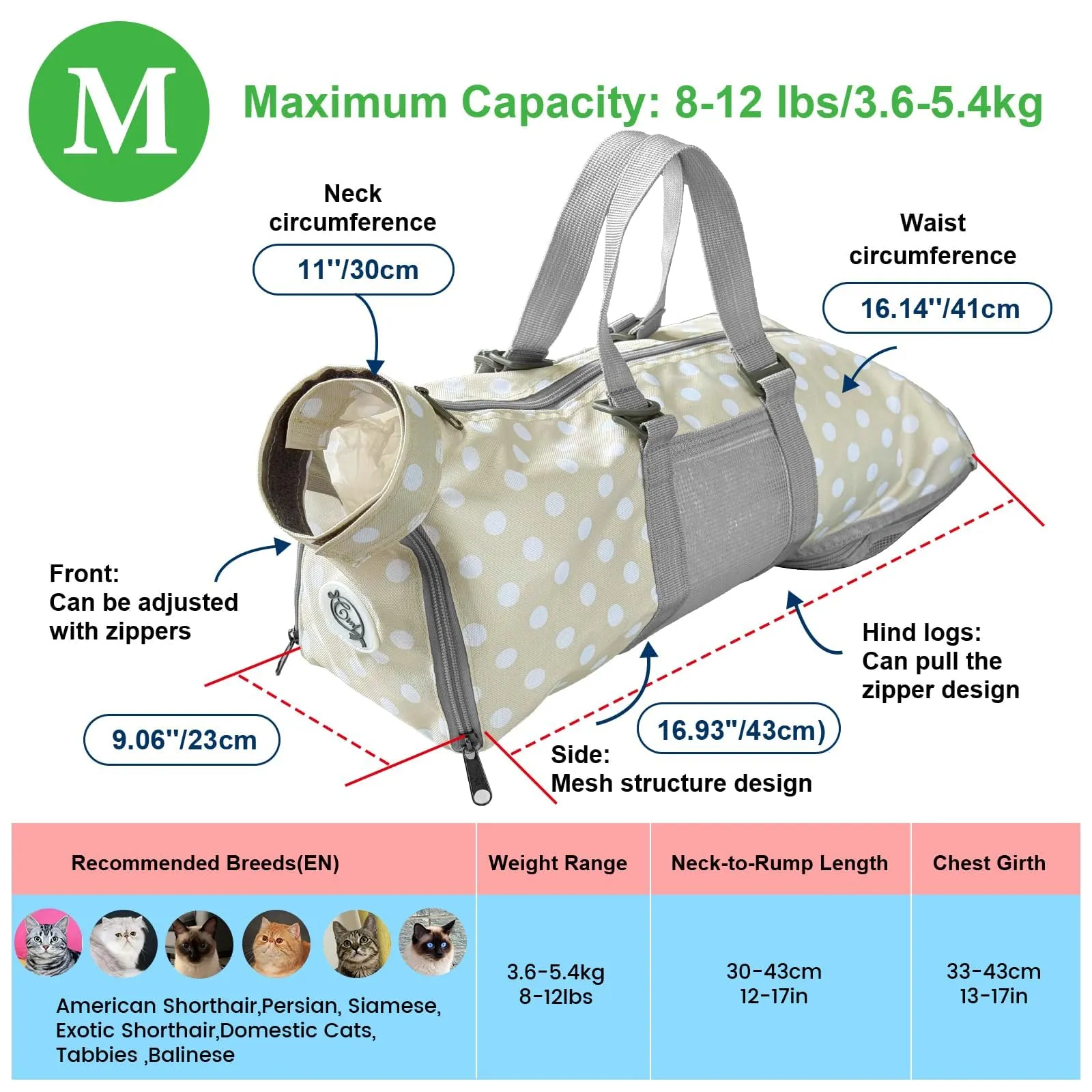 Cinf Borsa per la cura dei gatti, supporto delicato durante il bagno e la cura, versatile, per visite veterinarie, cura dentale, taglio artigli e viaggi in auto, taglia M, beige a pois - immagine 7