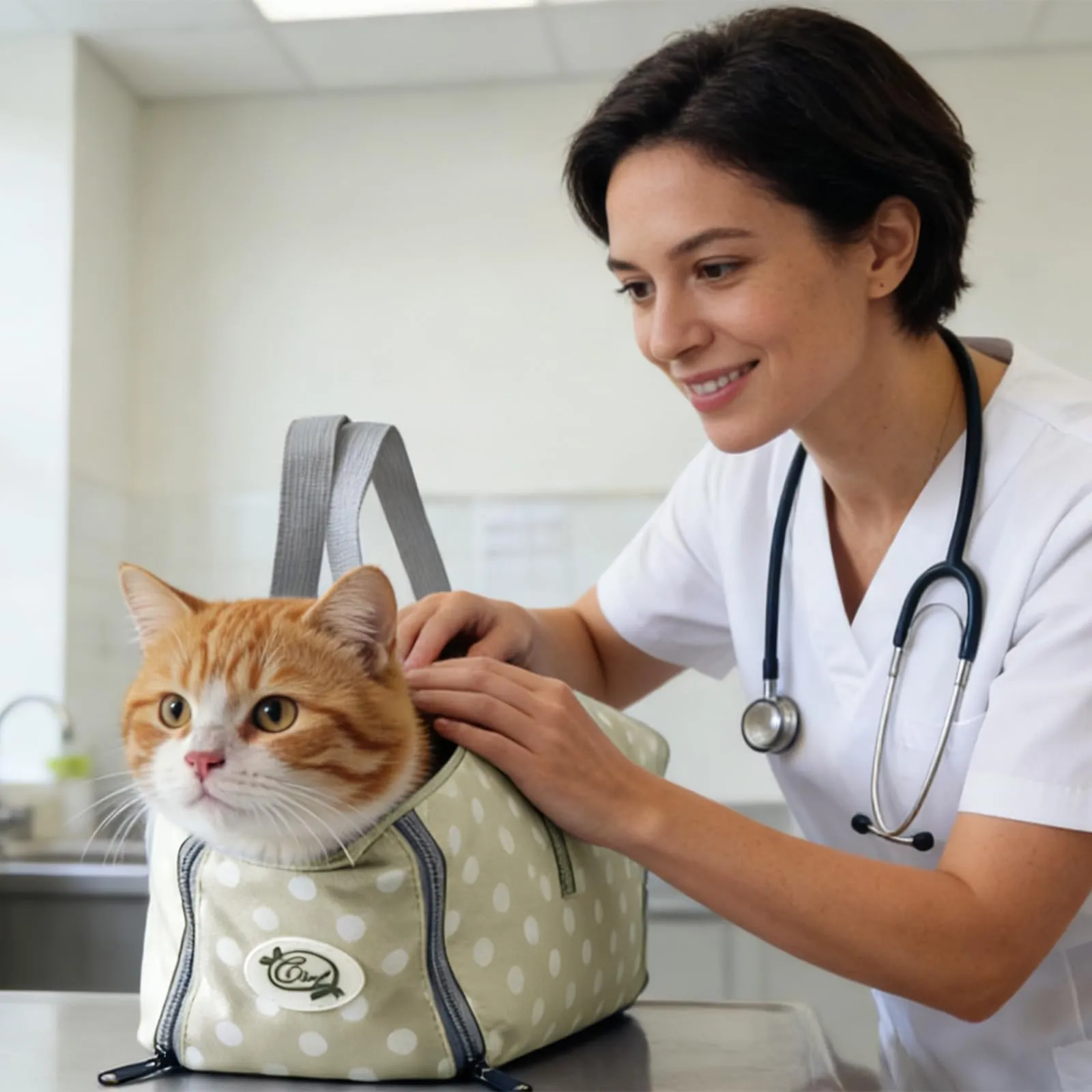 Cinf Borsa per la cura dei gatti, supporto delicato durante il bagno e la cura, versatile, per visite veterinarie, cura dentale, taglio artigli e viaggi in auto, taglia M, beige a pois - immagine 8
