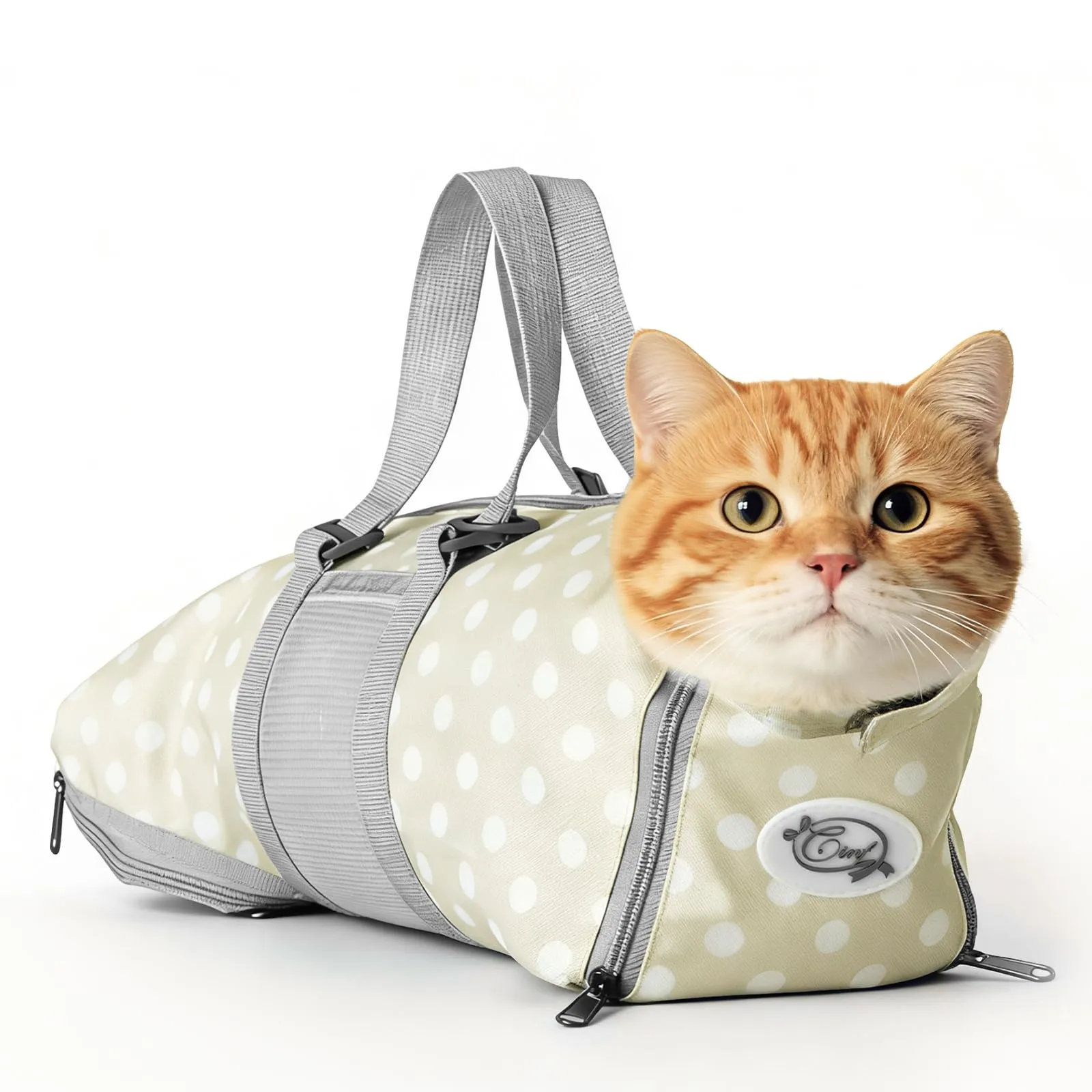 Cinf Borsa per la cura dei gatti, supporto delicato durante il bagno e la cura, versatile, per visite veterinarie, cura dentale, taglio artigli e viaggi in auto, taglia M, beige a pois - immagine 9