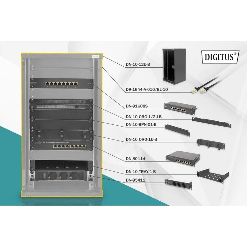 Armadio Rack a Muro Digitus 12U 254 mm (10") con Kit di Rete Completo - immagine 1