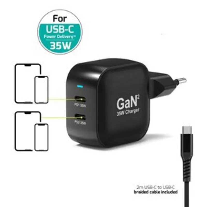 Caricatore USB-C 35W GaN Power Delivery 2 porte Port Designs 902035PEU Nero - immagine 1
