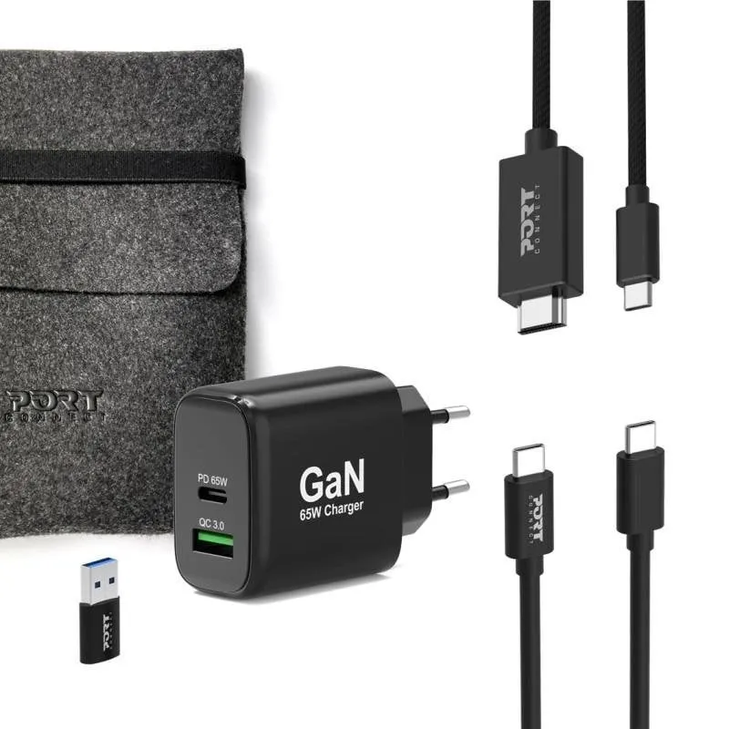 Caricatore Port Designs 65W GaN USB-C e USB-A, Nero - immagine 1
