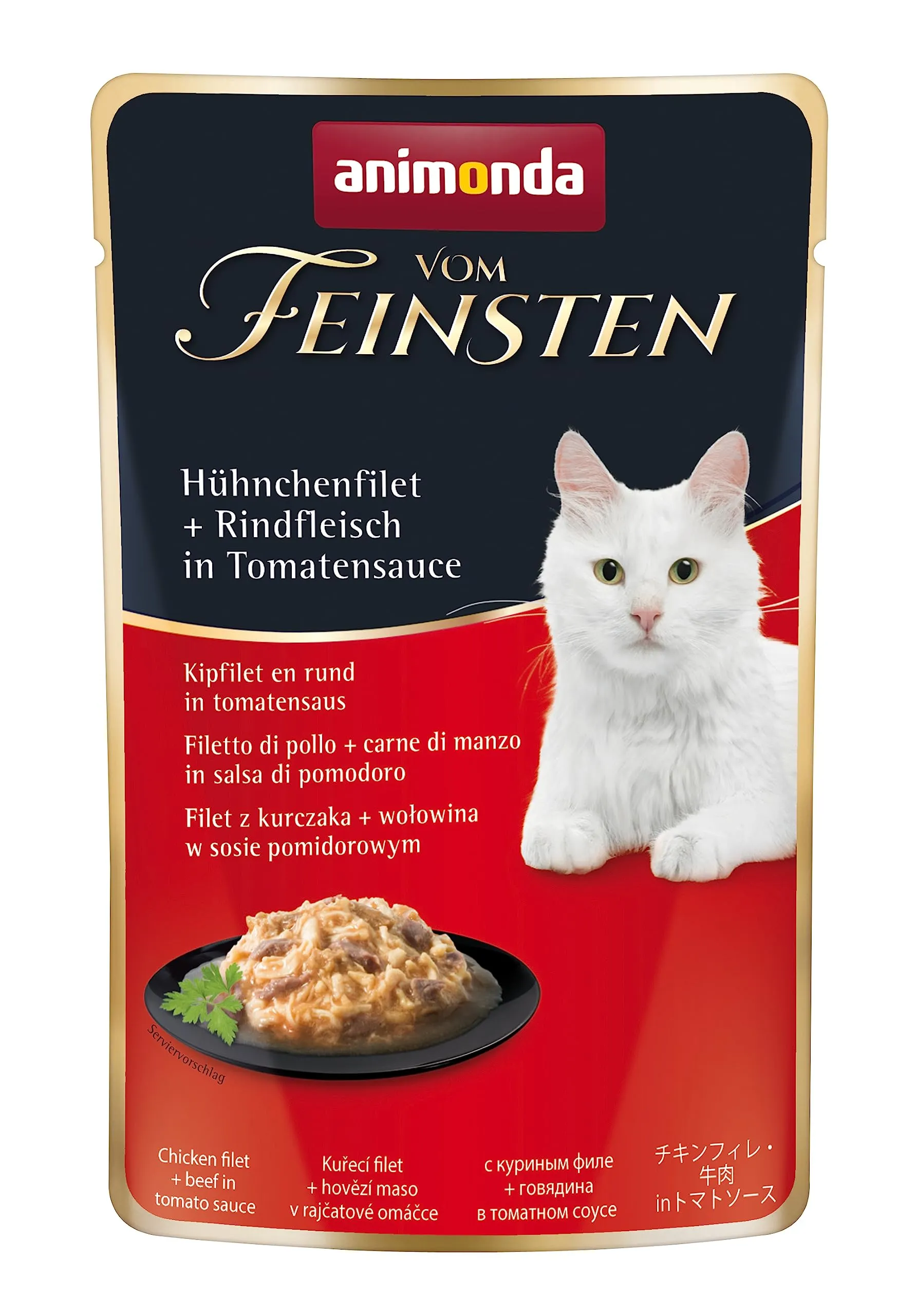 animonda Vom Feinsten Adult cibo per gatti, alimento umido per gatti adulti, in busta salvafreschezza, con filetto di pollo + filetto di manzo in salsa di pomodoro, 18 x 50 g - immagine 1