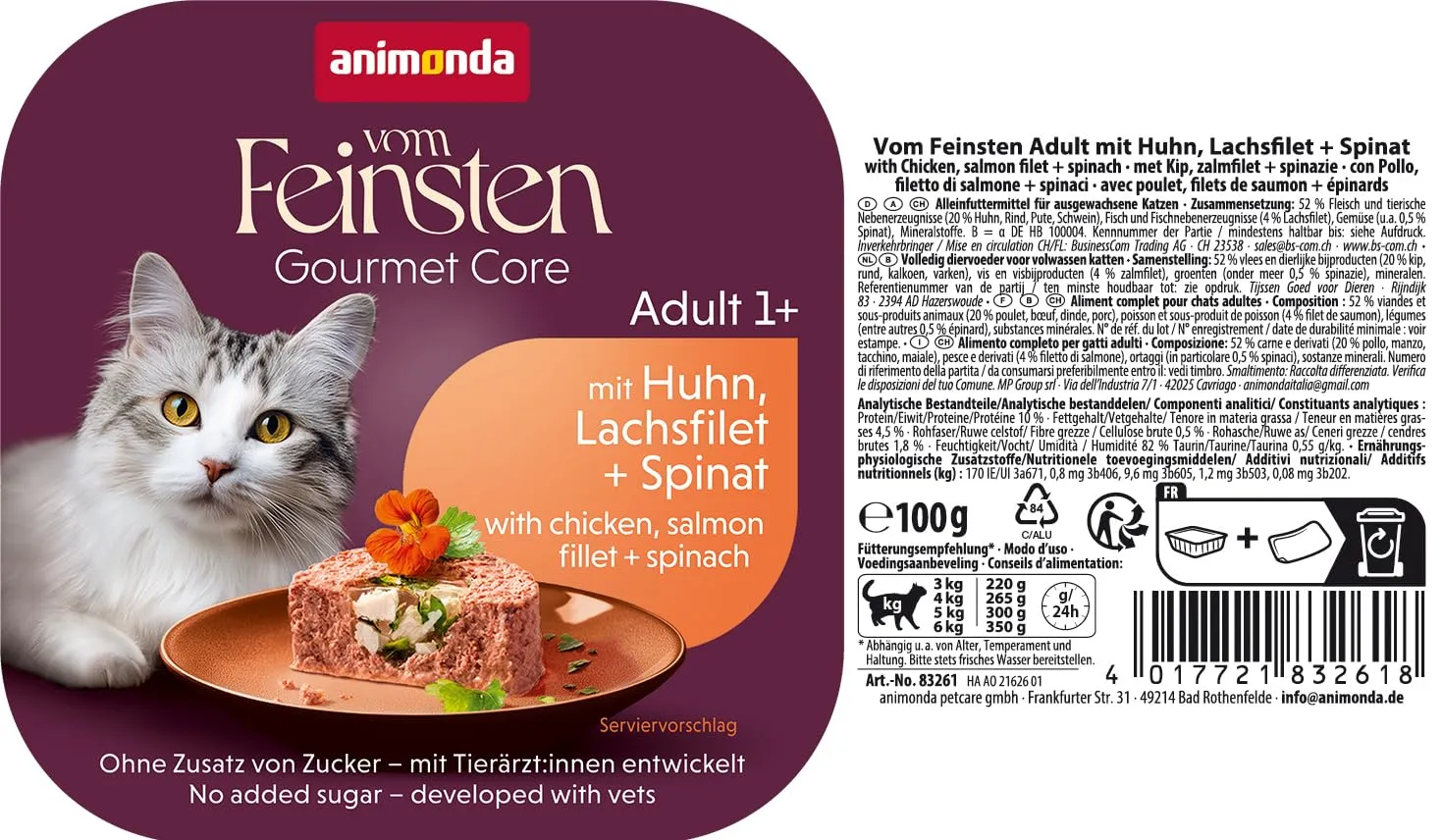 animonda Vom Feinsten Adult cibo per gatti, alimento umido per gatti adulti, prelibato ripieno gourmet con pollo, filetto di salmone + spinaci, 32 x 100 g - immagine 3
